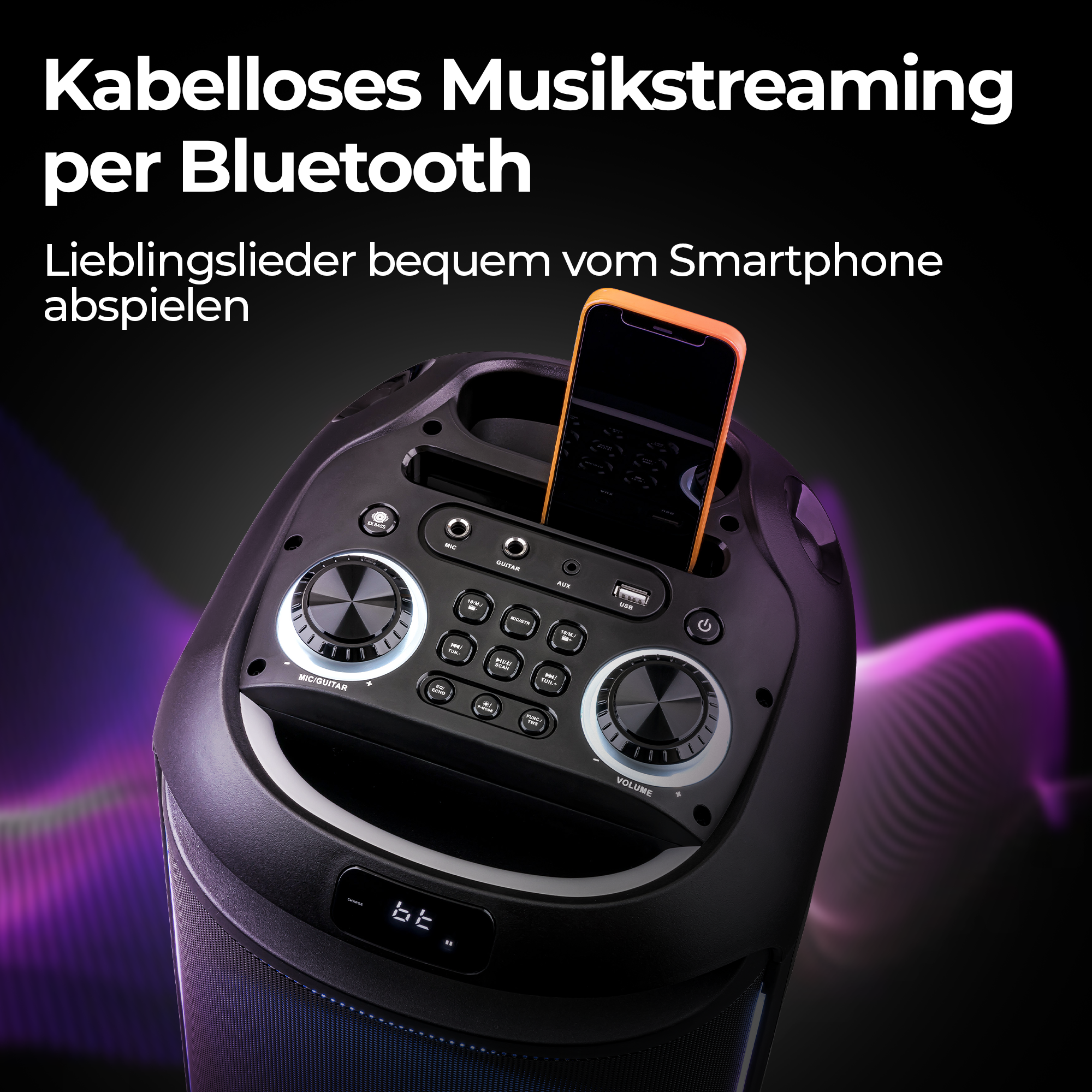 Schwarzer Lautsprecher mit orangefarbenem Telefon. Bedienelemente vorne. Text: 'Bluetooth-Musik-Streaming'.
