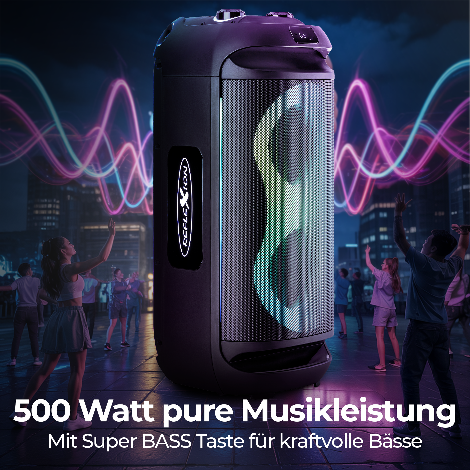 Ein großer schwarzer Lautsprecher mit Mesh-Front. Menschen tanzen davor. Text: '500 Watt reine Musikleistung'.