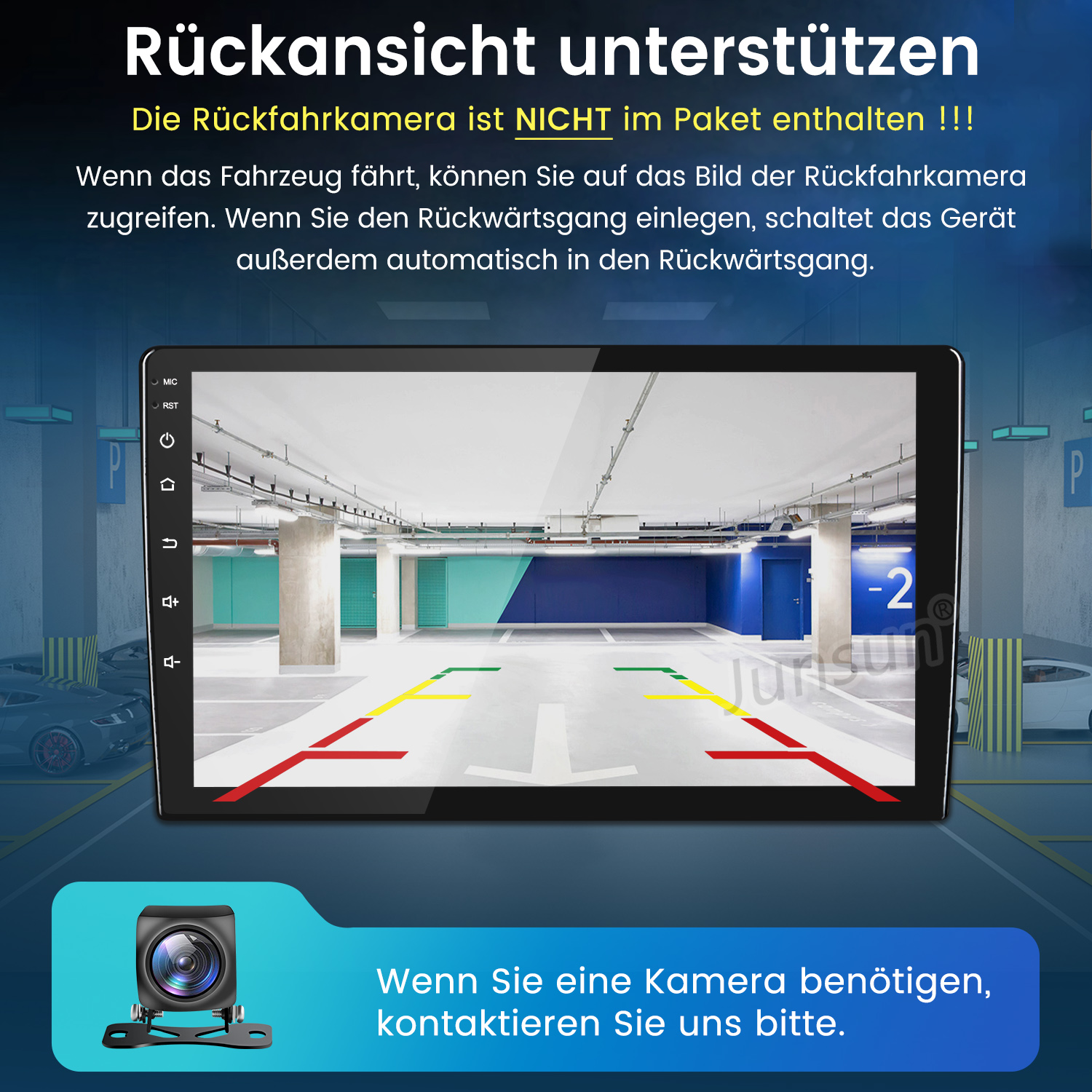 Das Bild zeigt die Anzeige einer Rückfahrkamera eines Autos in einer Parkgarage. Ein Kamerabild wird angezeigt.
