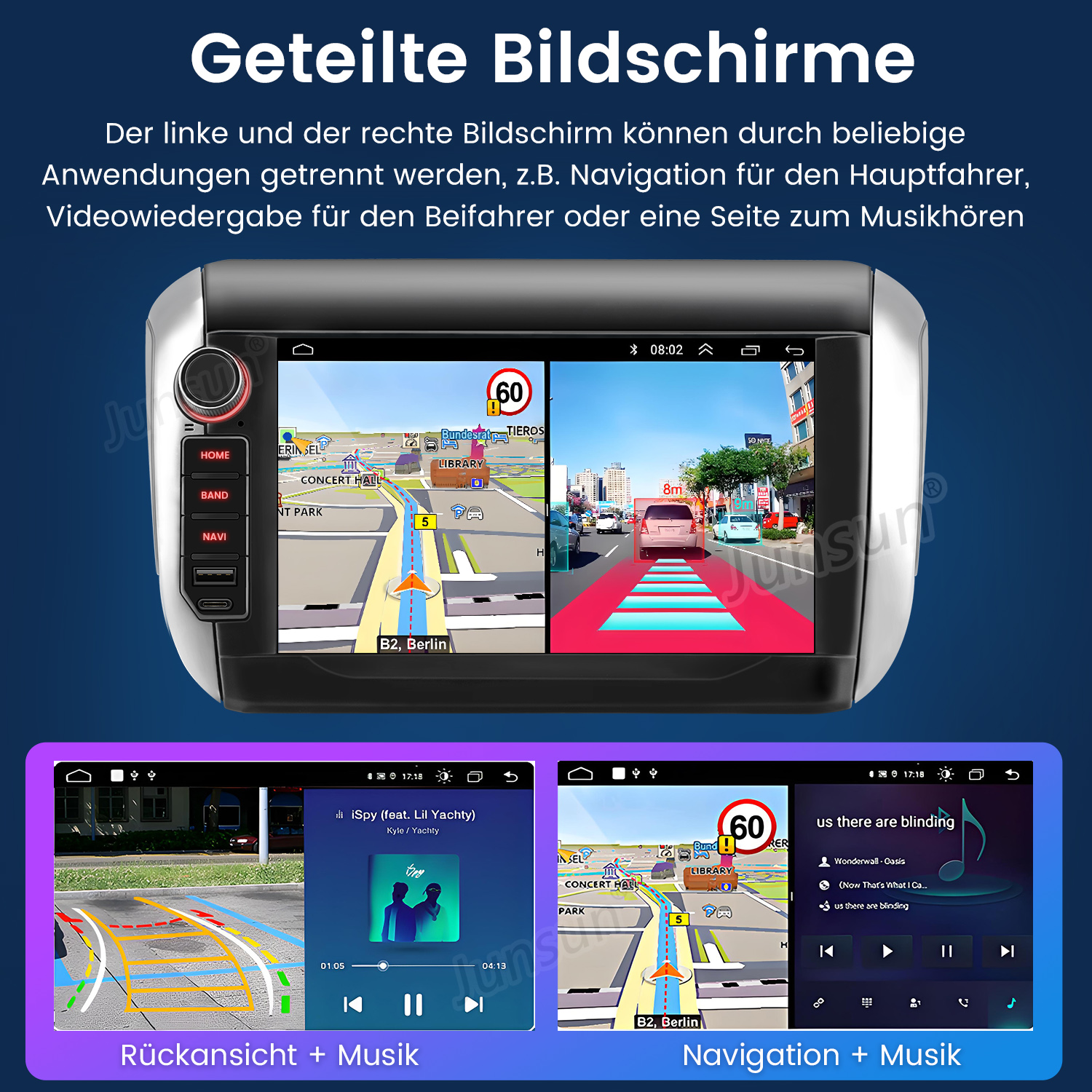 Auto-Dashboard-Bildschirm, der Navigation und Musik anzeigt. Ein Bildschirm zeigt eine Straßenkarte. Unten sind Rückansicht und Musikoptionen.