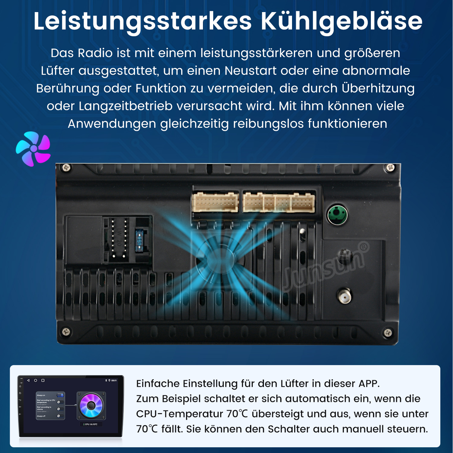 Autoradio-Komponente mit Lüfter. Text oben. Benutzeroberfläche mit Temperaturanzeige. Blauer Lüftereffekt. Text unten.