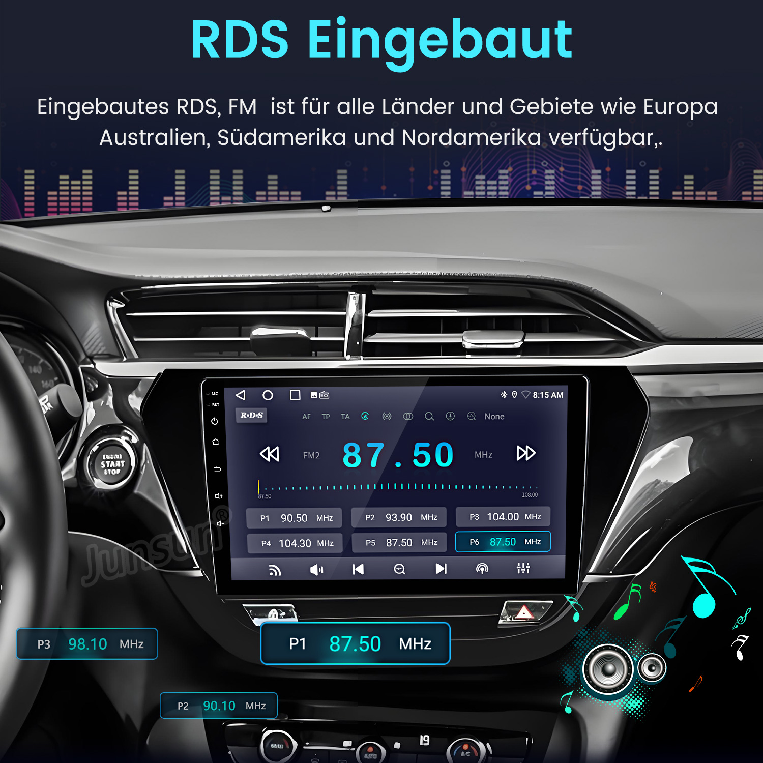 Auto-Armaturenbrett mit Radioeinstellungen. Der Bildschirm zeigt die Frequenz 87,50 MHz, mit Knöpfen und Musiknoten im Hintergrund.