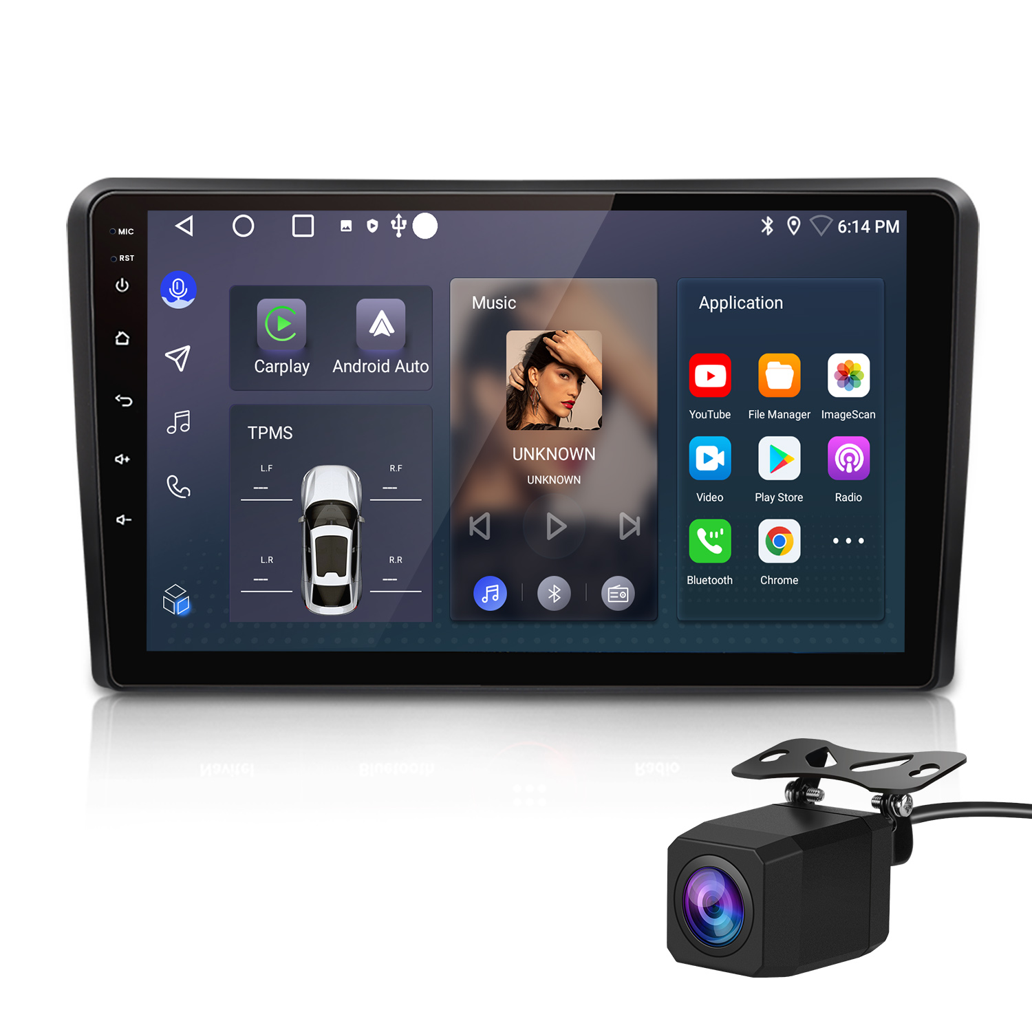 Ein Auto-Multimedia-System mit Apps, Musik und einer Rückfahrkamera. Der Bildschirm zeigt Symbole wie YouTube und Radio.
