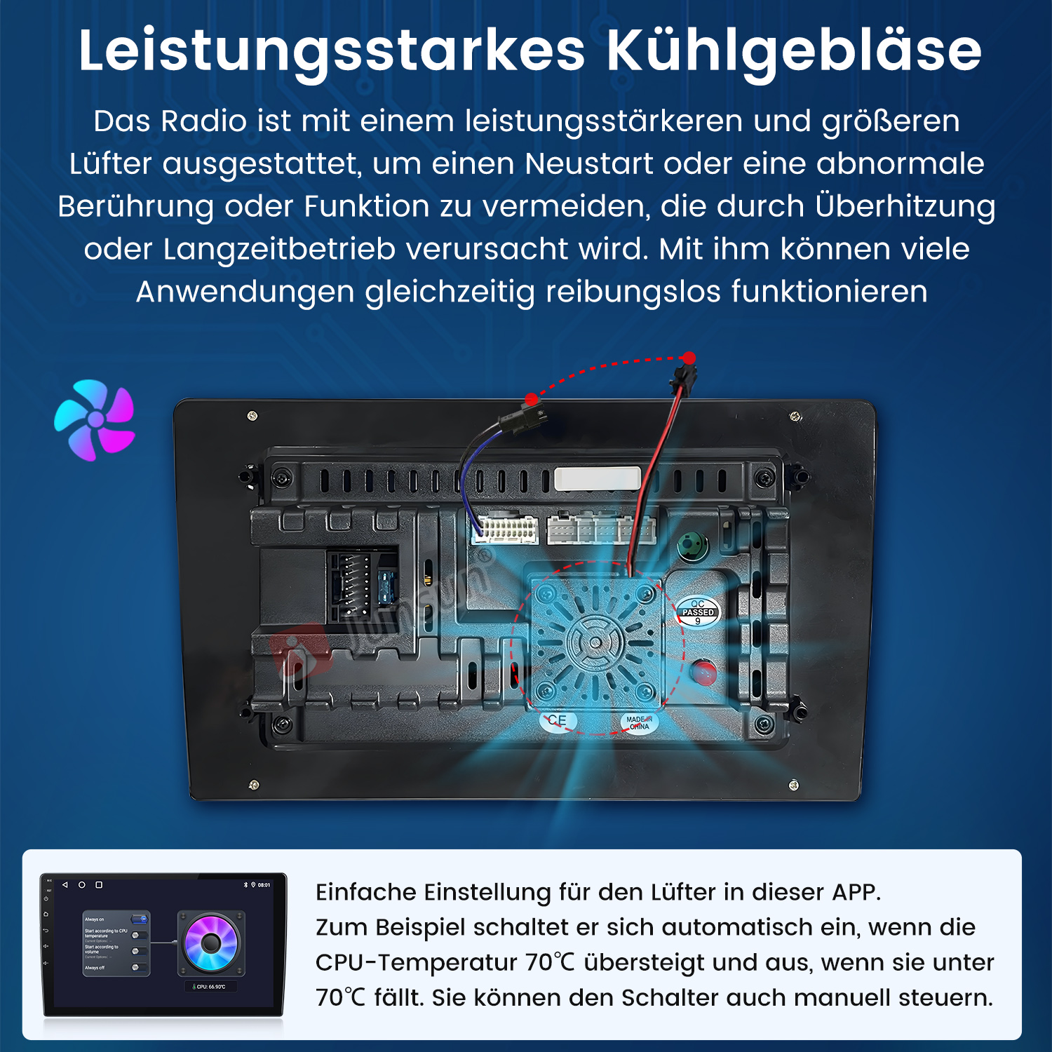 Autoradiosystem mit Lüfter. Es hat einen Bildschirm und verschiedene Komponenten. Text über die Funktion des Lüfters ist vorhanden.