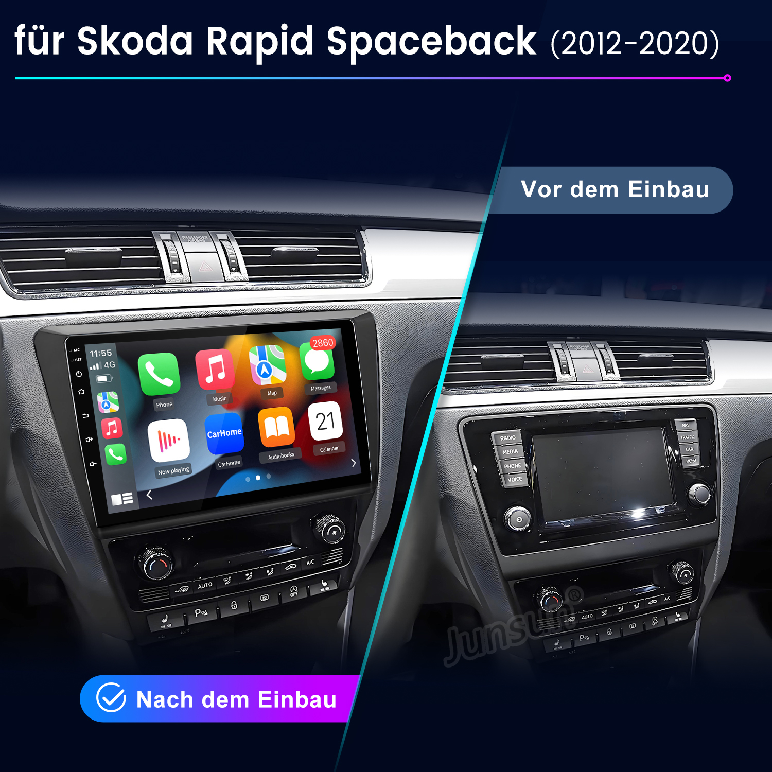 Das Bild zeigt das Armaturenbrett eines Autos vor und nach der Installation eines neuen Infotainmentsystems. Die linke Seite zeigt das neue System.