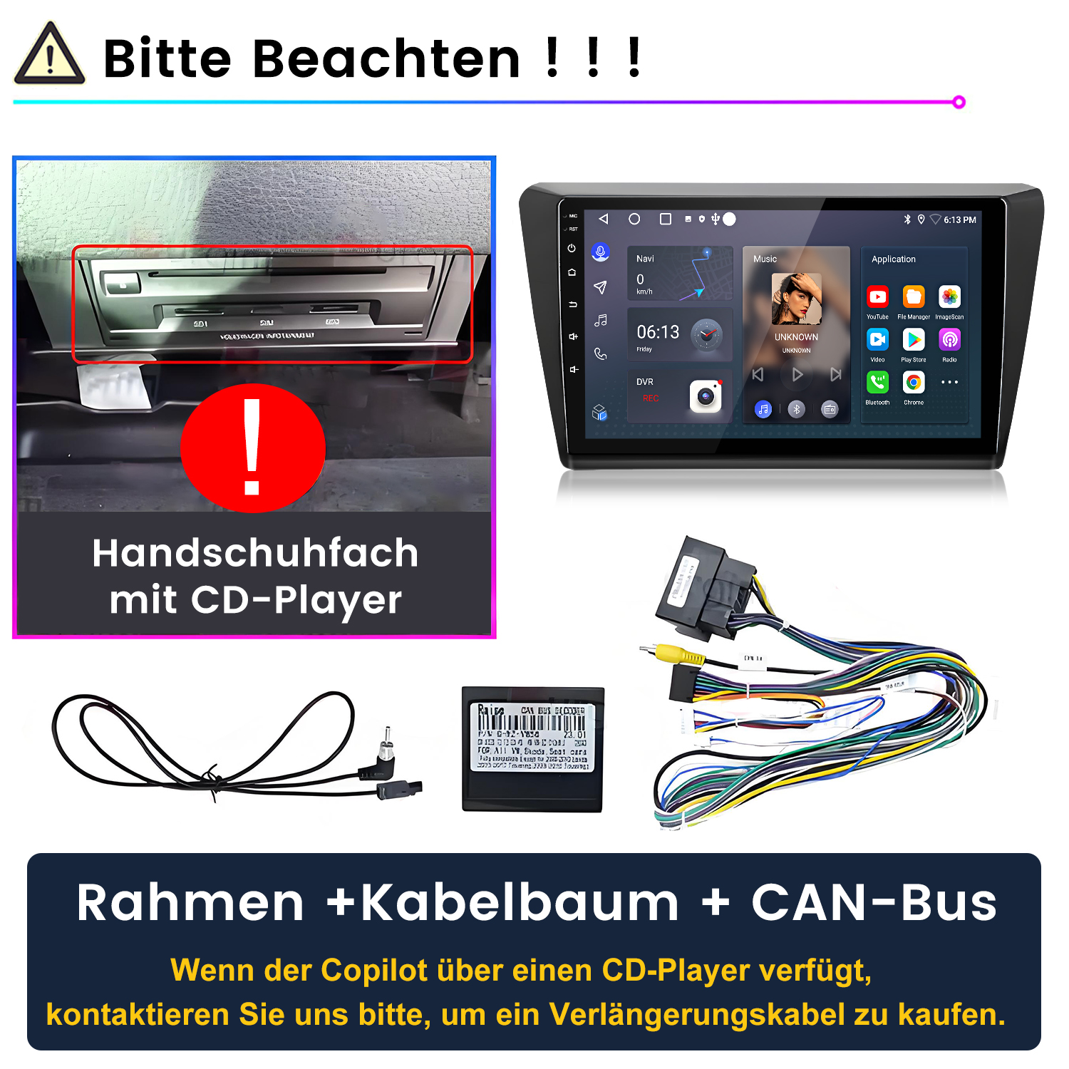 Bild zeigt Autoradioteile: einen Bildschirm, Kabel, ein CD-Player-Fach und Text auf Deutsch.