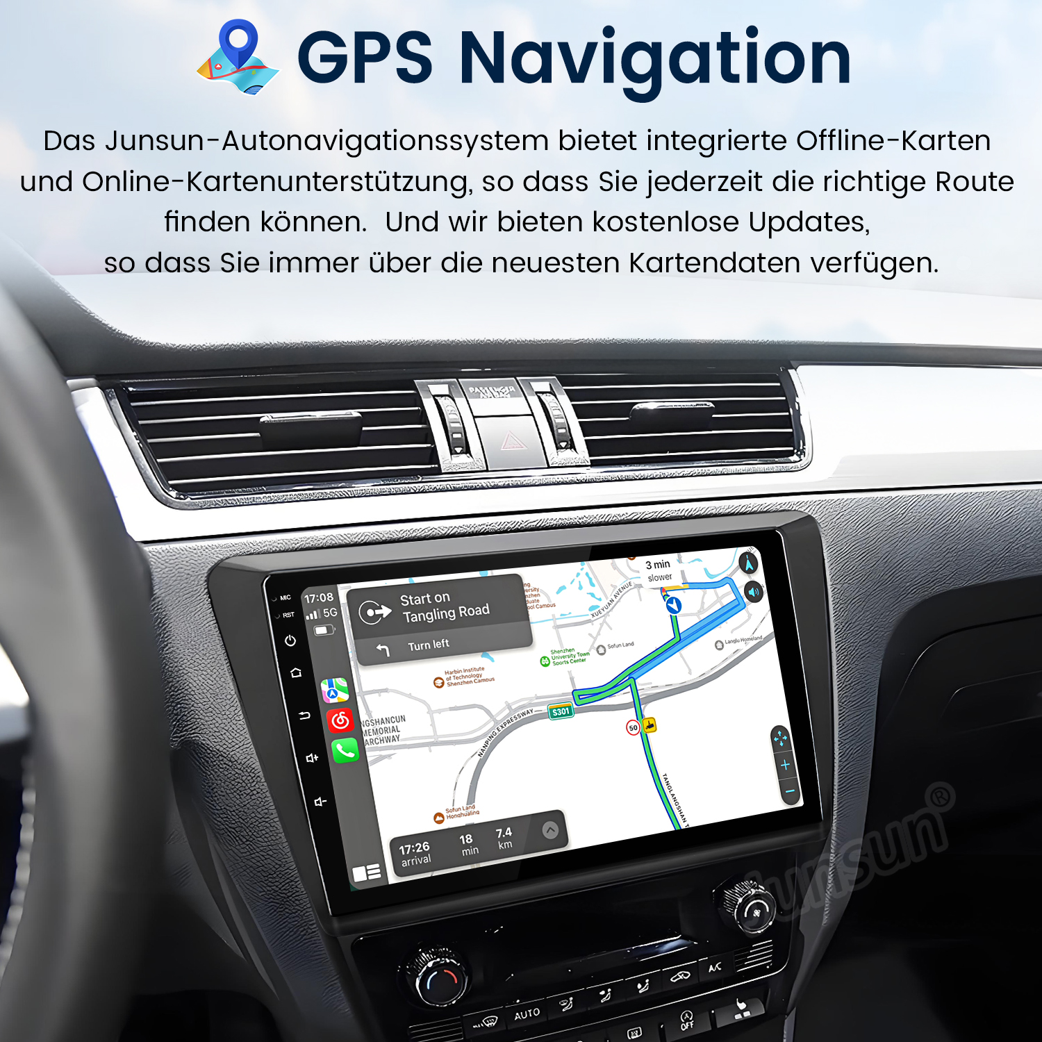 Auto-Innenraum mit GPS-Navigationsbildschirm, der eine Karte zeigt. Der Bildschirm zeigt eine Route mit Wegbeschreibungen und eine Zeitschätzung.
