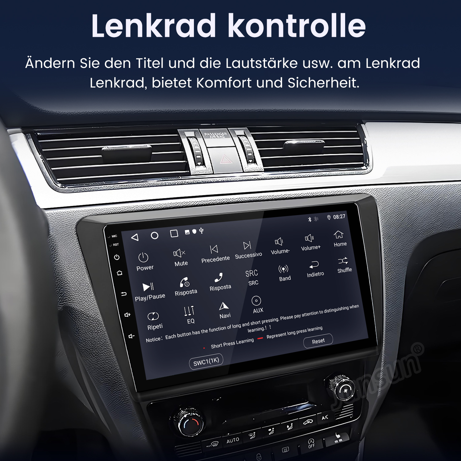 Auto-Armaturenbrett mit Touchscreen-Oberfläche. Zeigt verschiedene Funktionstasten und Informationen an. Der Bildschirm zeigt Fahrzeugeinstellungen.