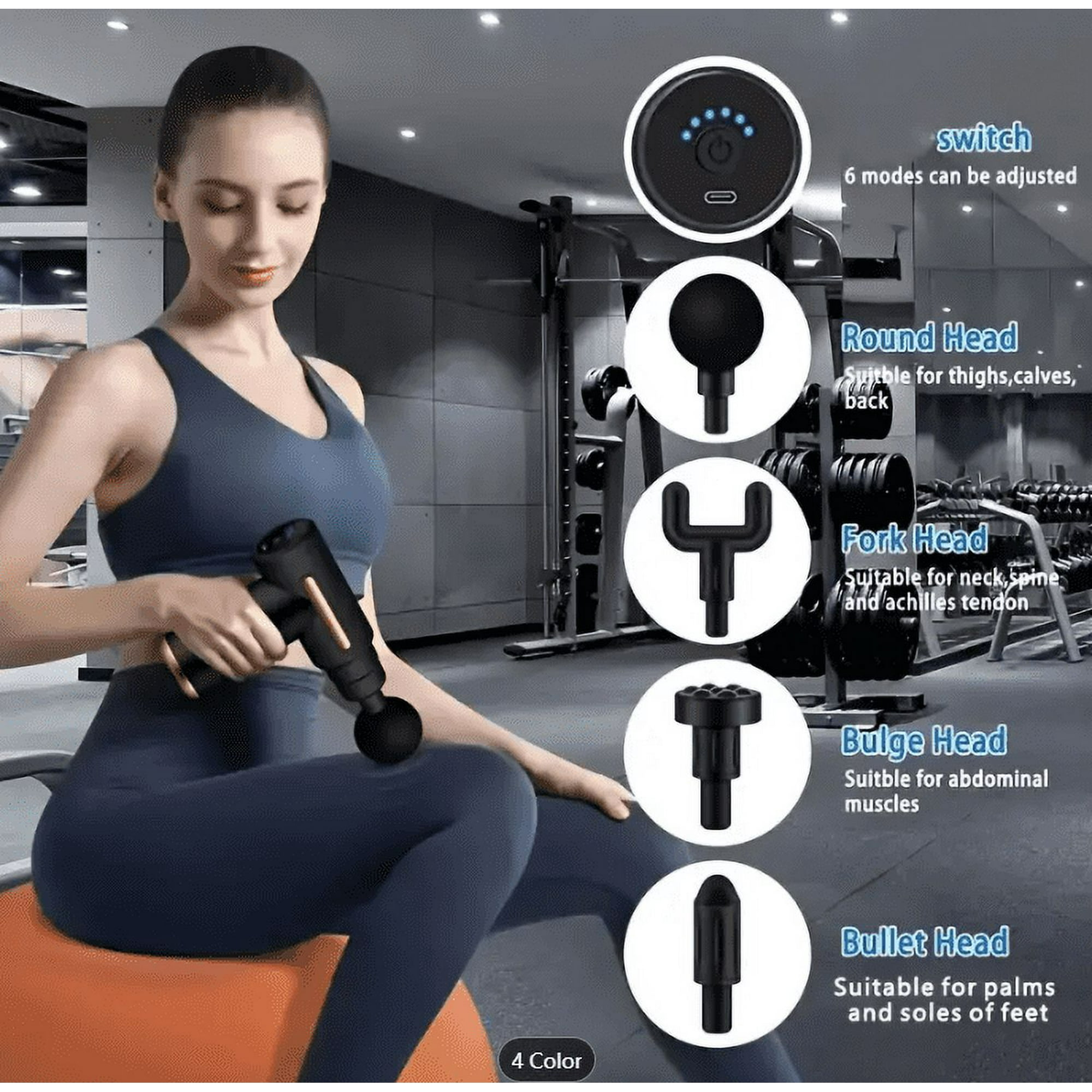 Eine Frau hält eine Massagepistole. Verschiedene Köpfe mit ihren Verwendungszwecken werden gezeigt. Die Szene spielt in einem Fitnessstudio.