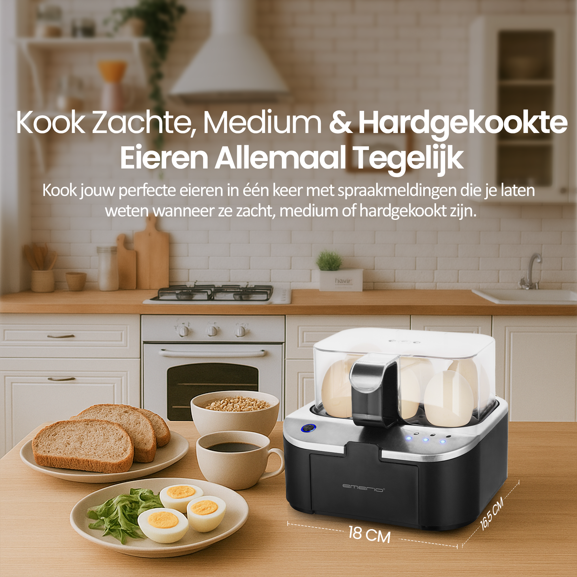 An egg cooker is on a wooden table with eggs, bread, and coffee. Text reads: Cook soft, medium & hard boiled eggs all at once.