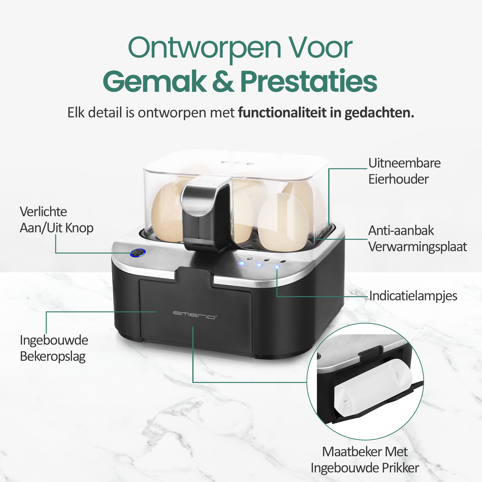 An egg cooker with eggs inside, black and silver design, with text in Dutch.