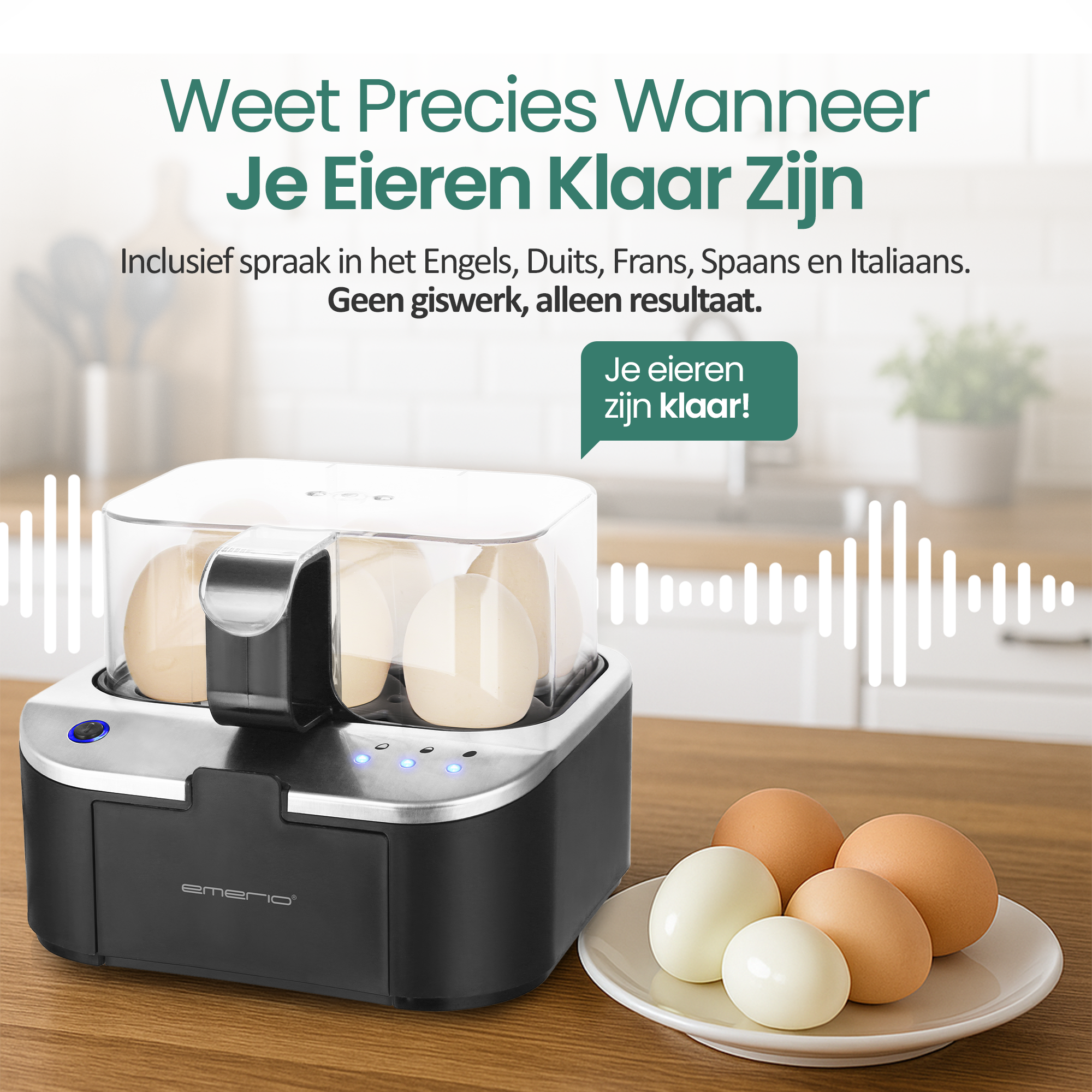 An egg cooker with eggs inside and on a plate. Text says 'Know exactly when your eggs are ready'.