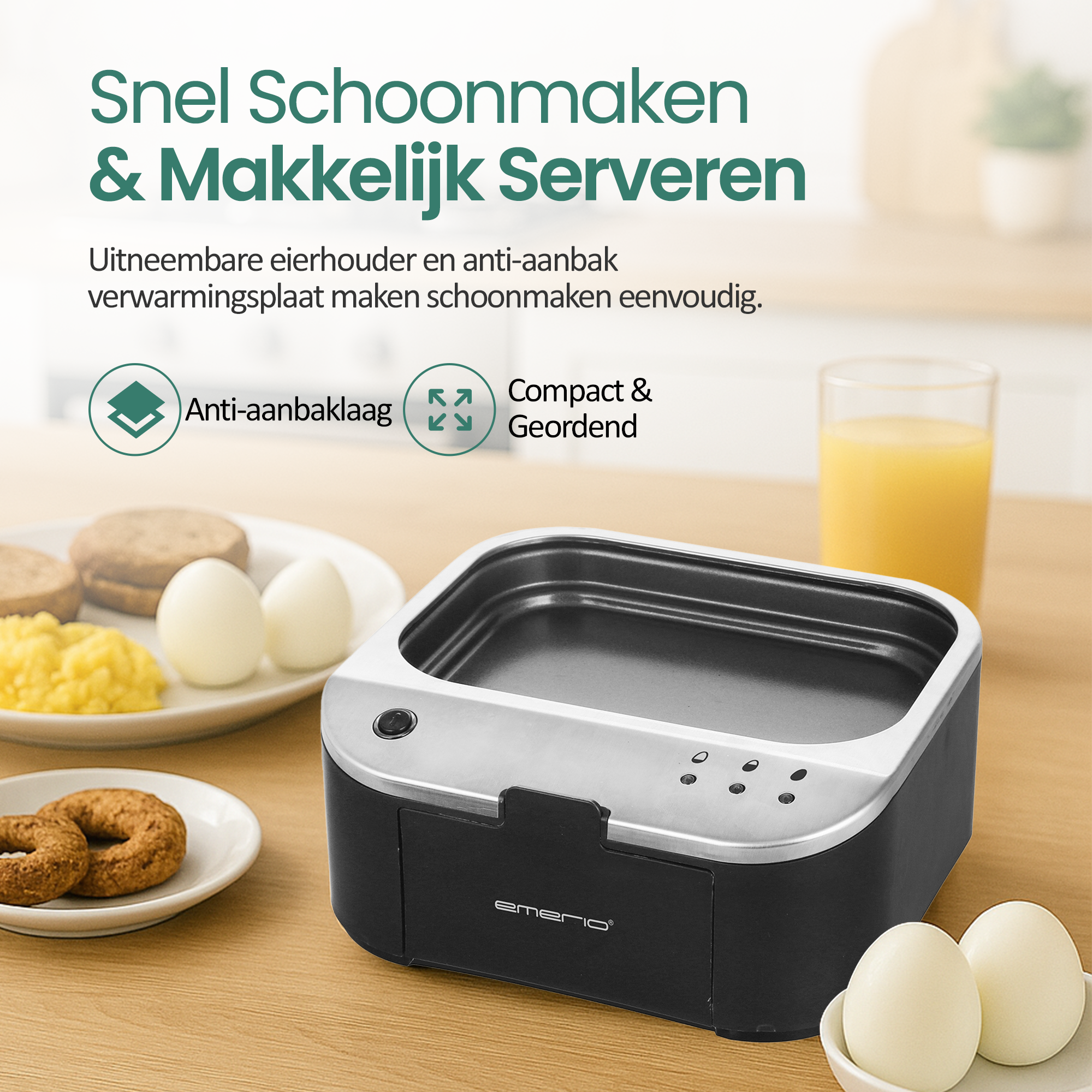 An electric egg boiler with various breakfast items like eggs and toast on a wooden surface. A glass of orange juice is visible.