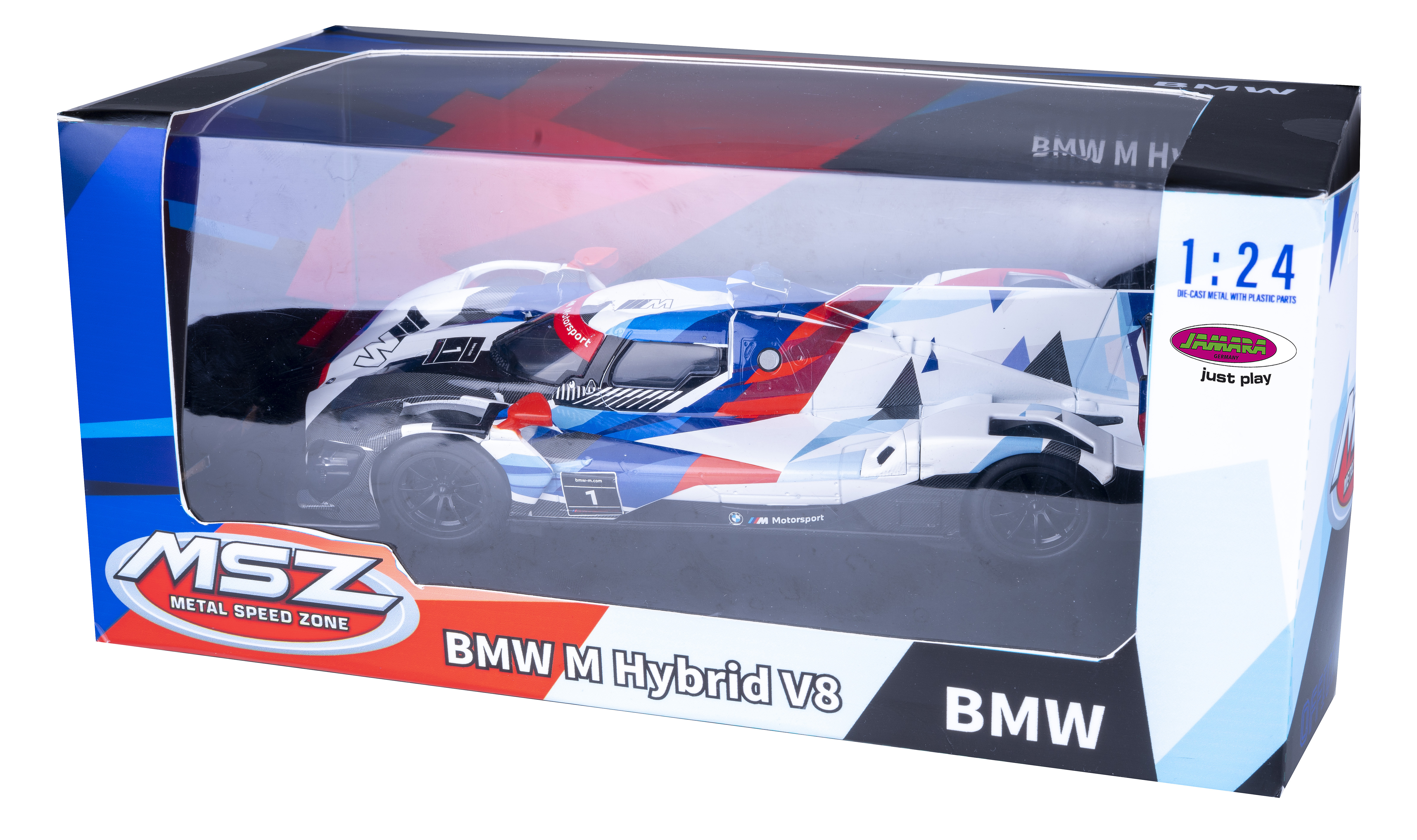 Ein BMW M Hybrid V8 Modellauto in einer Box. Das Auto hat ein weißes, blaues und rotes Design. Auf der Box steht MSZ und BMW.