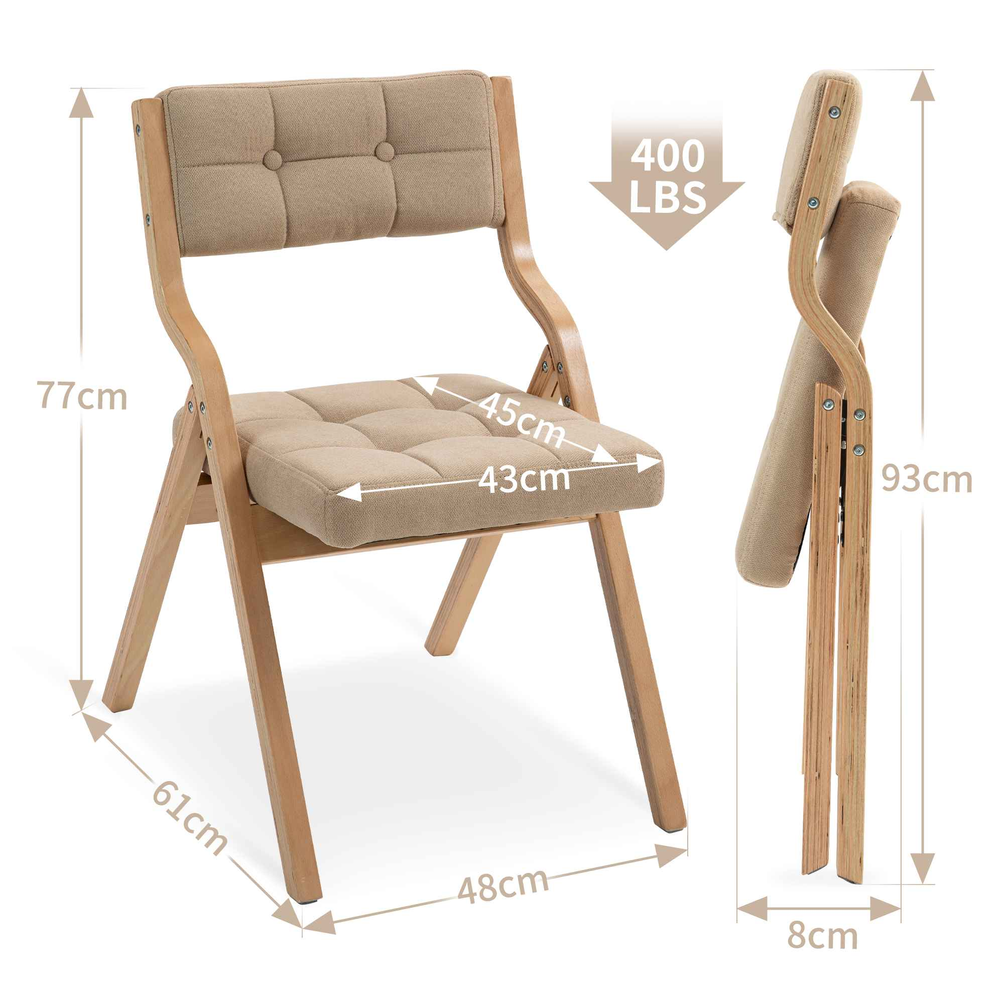 Klappbarer Holzstuhl mit beigefarbenem gepolsterten Sitz und Rückenlehne. Abmessungen: 77 cm Höhe, 45 cm Sitzbreite und 48 cm Basis.