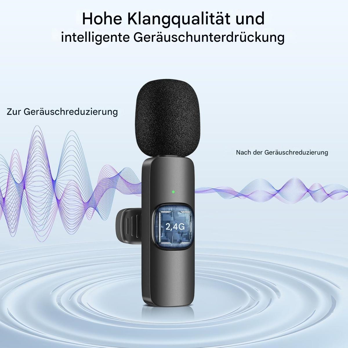 Ein schwarzes Mikrofon mit 2,4G-Anzeige. Text oben: 'Hohe Klangqualität und intelligente Geräuschunterdrückung'. Schallwellengrafiken.