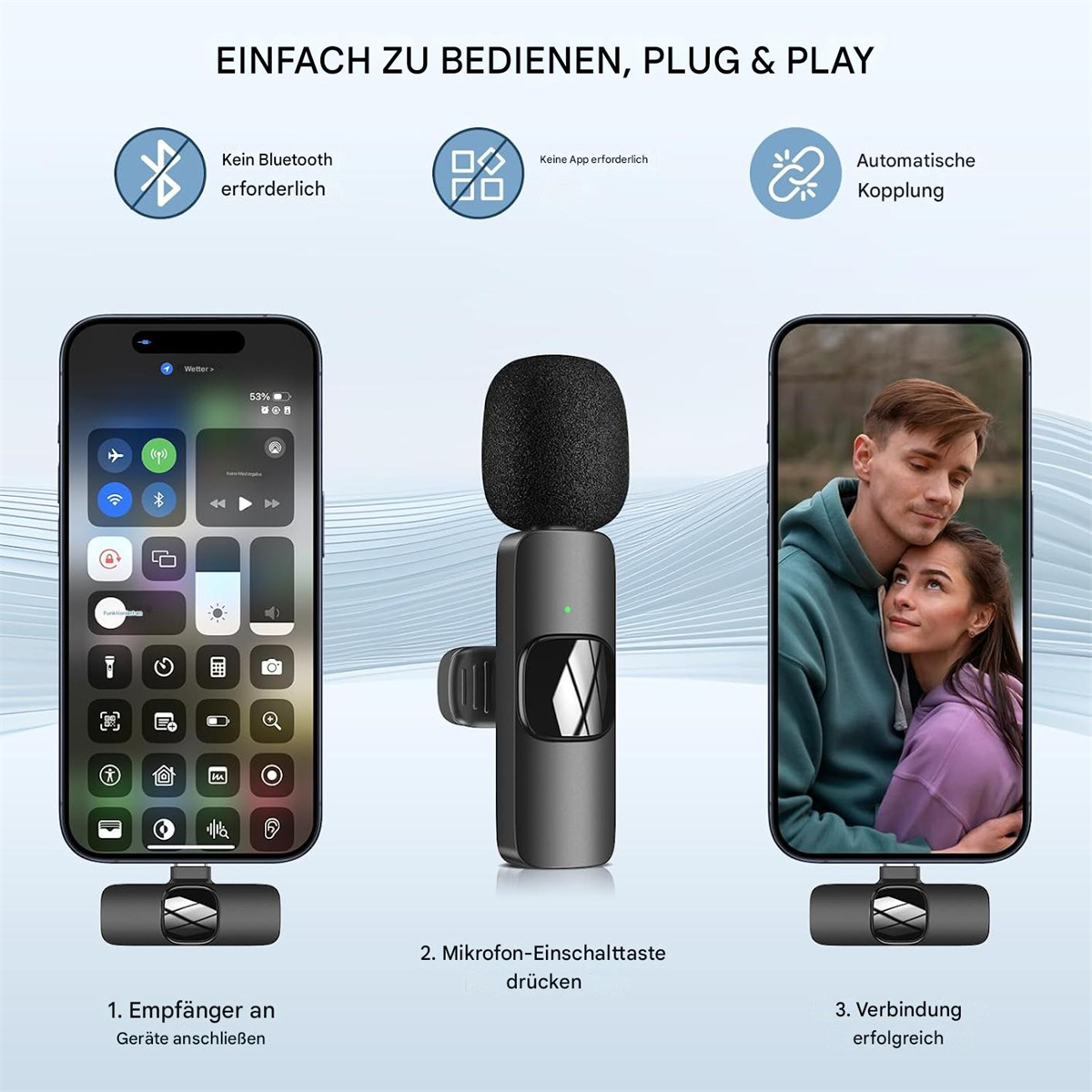 Das Bild zeigt ein Mikrofon mit zwei Handys, die Einstellungen und ein Paar anzeigen. Text beschreibt einfache Einrichtung: kein Bluetooth, keine App, automatische Kopplung.