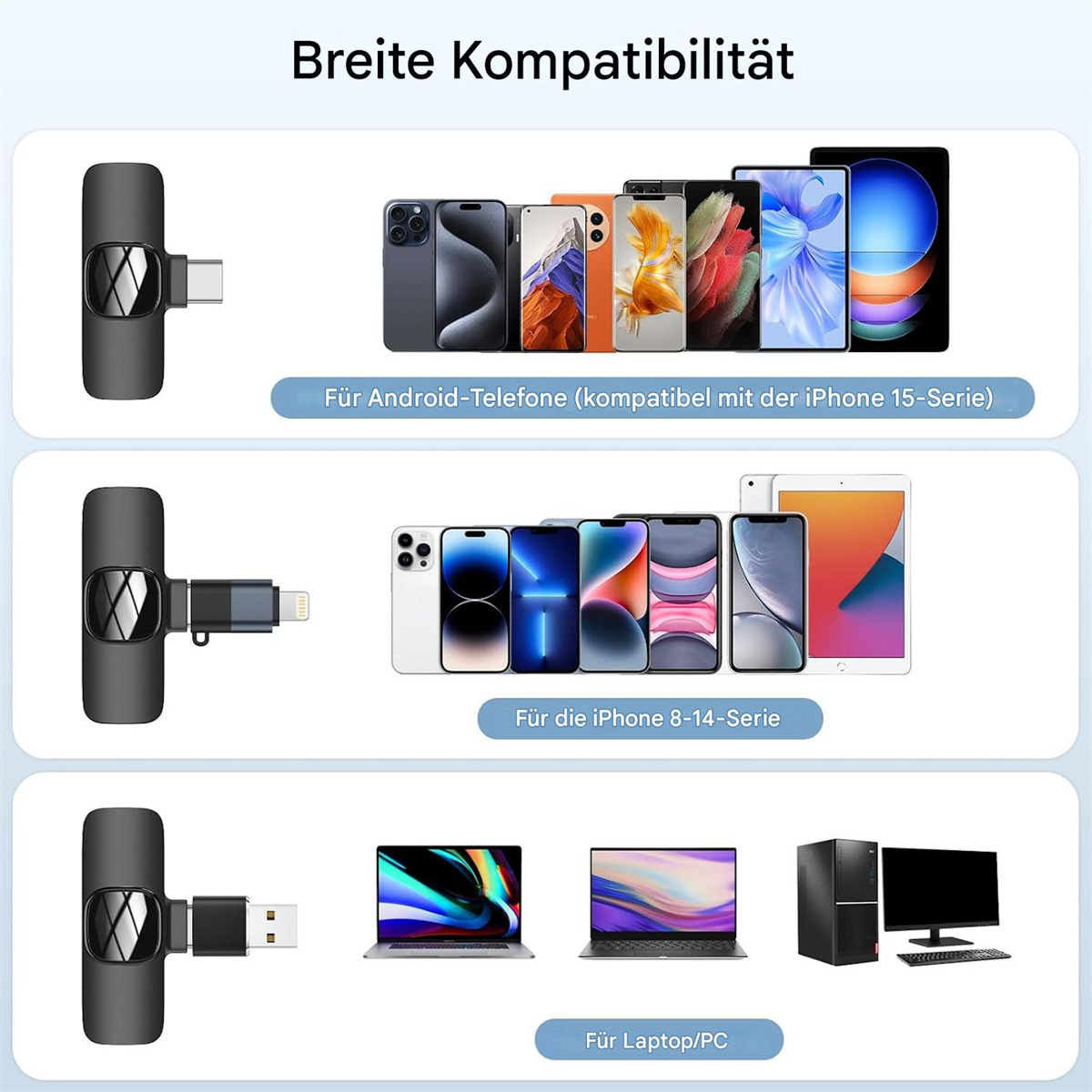 Bild zeigt einen schwarzen Adapter neben Telefonen, Tablets und Laptops mit Text, der die Kompatibilität anzeigt.