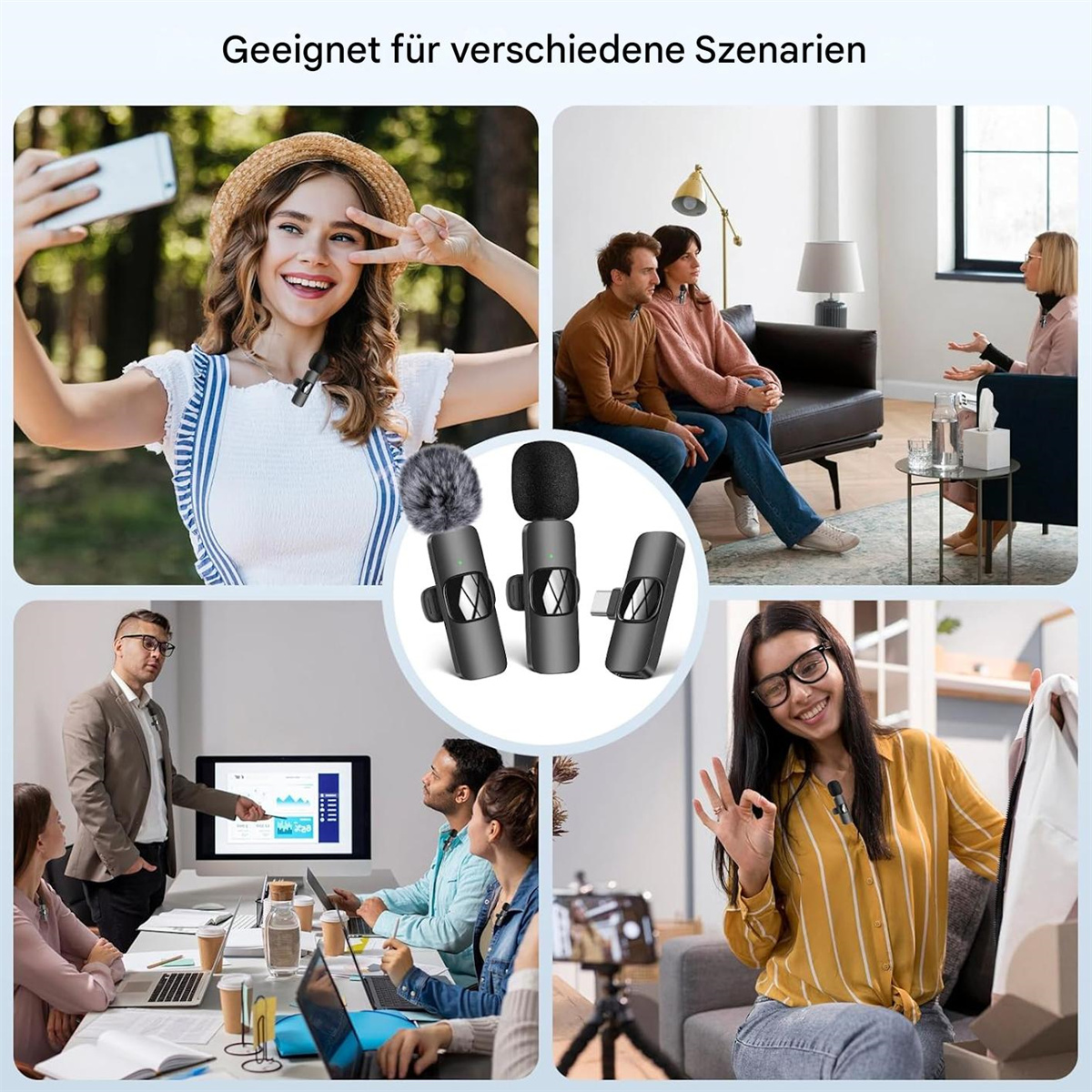Das Bild zeigt drahtlose Mikrofone in verschiedenen Umgebungen: Selfies, Paare, Therapie, Meetings und eine Frau mit Einkaufstasche.