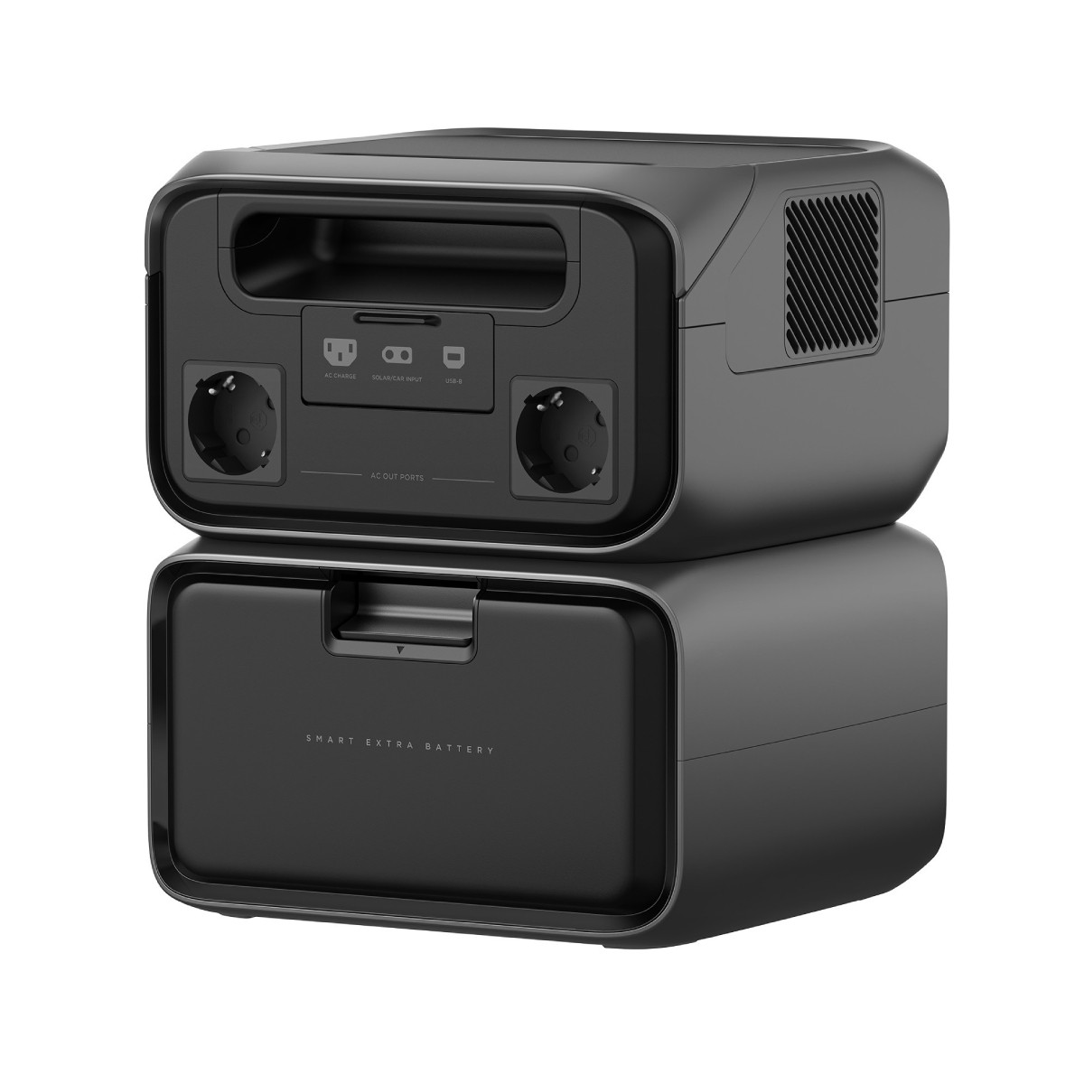 Una centrale elettrica portatile nera con più porte e un cassetto con l'etichetta 'Smart Extra Battery'.