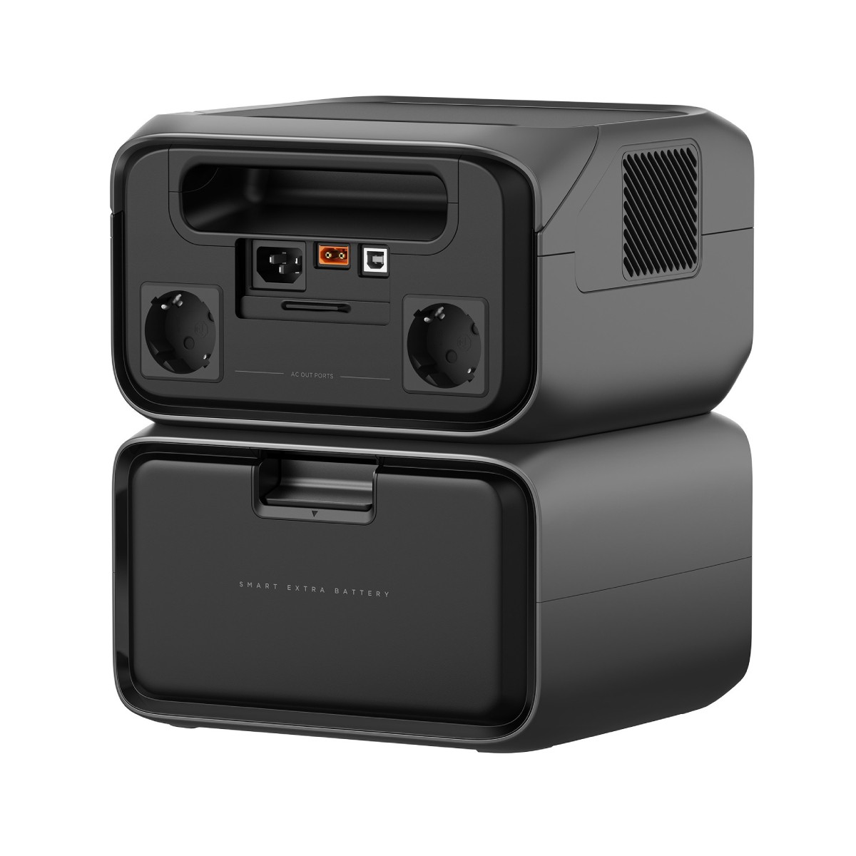 Centrale elettrica portatile nera con prese CA, porte e una batteria Smart Extra. Ha una maniglia e una presa d'aria.