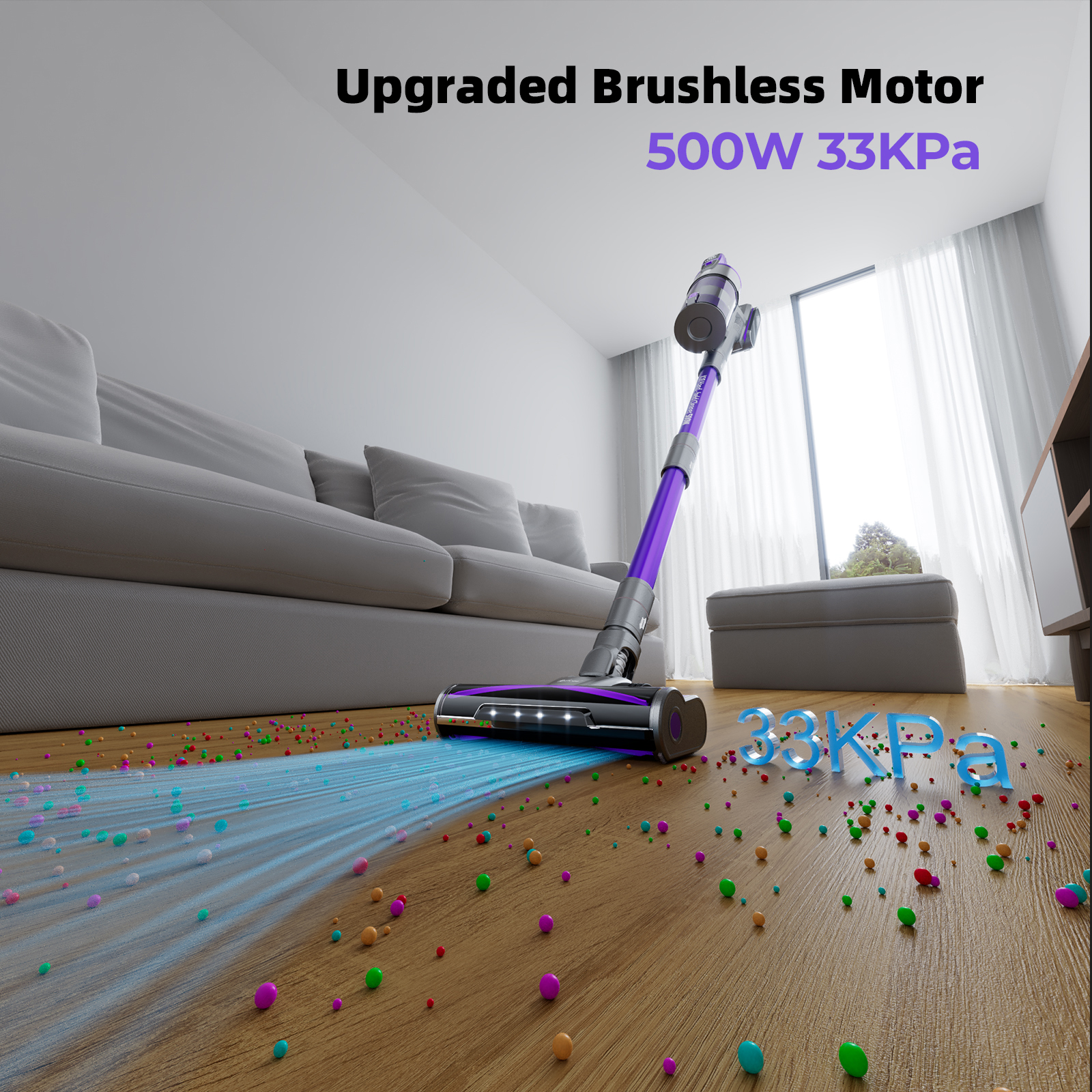Un aspirateur nettoie un sol avec des boules colorées. Le texte indique 'Upgraded Brushless Motor 500W 33KPa'.