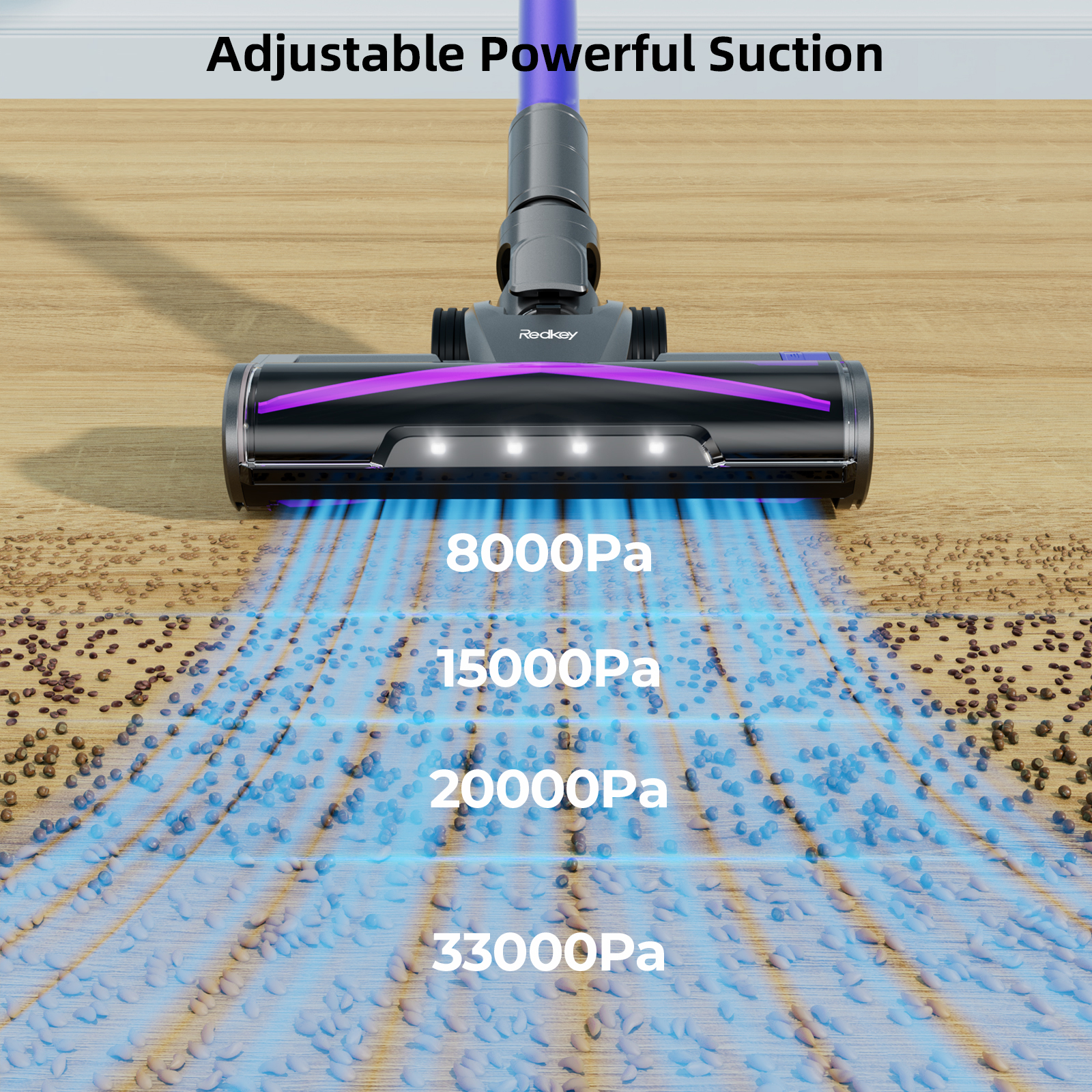 Un aspirateur sur un plancher en bois. La puissance d'aspiration est affichée avec différents niveaux. Le fond est le mur.