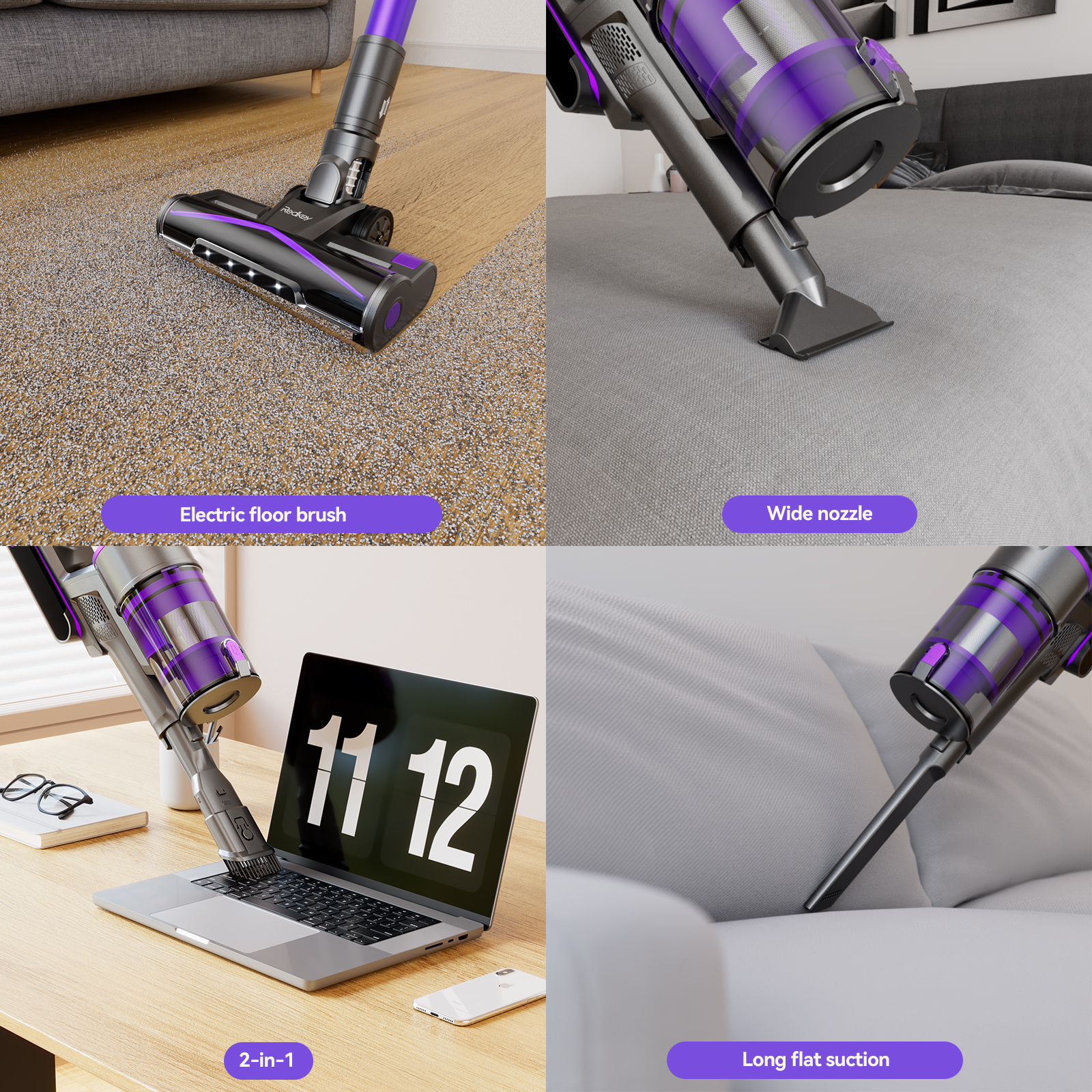 Un aspirateur sans fil avec des accents violets est présenté, montrant sa brosse électrique pour sol, sa buse large, sa fonction 2-en-1 et son aspiration plate longue.