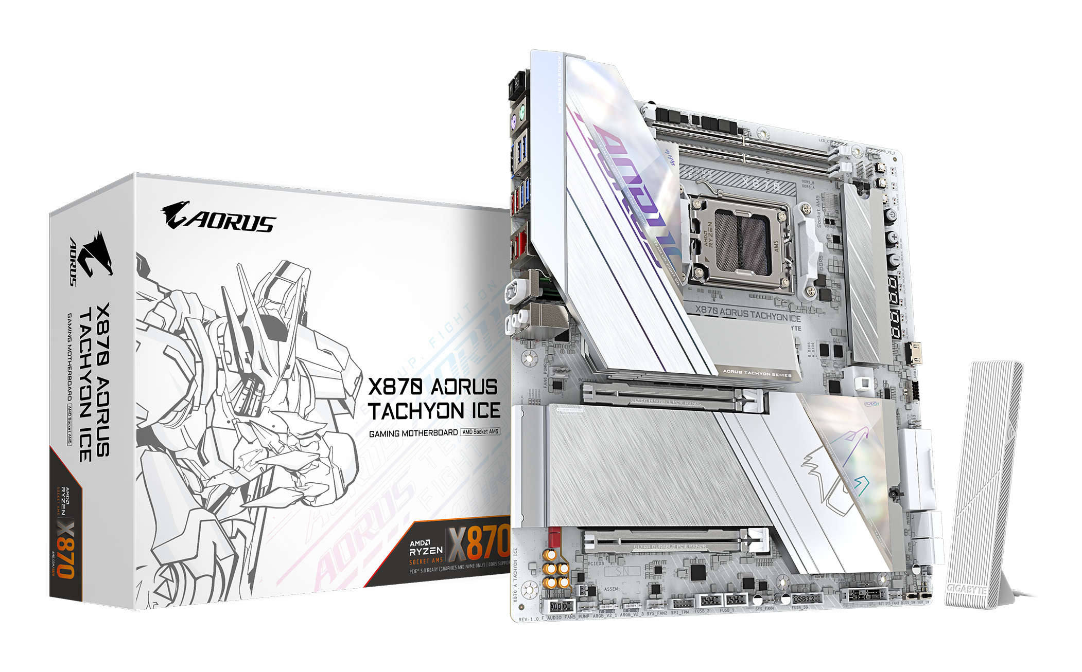 Une carte mère AORUS X870 Tachyon ICE blanche avec une boîte à gauche et un support blanc à droite.