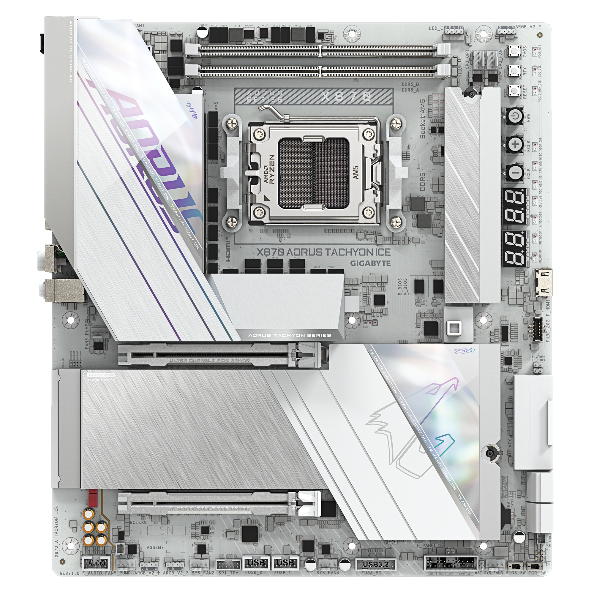 Une carte mère d'ordinateur blanche et grise avec divers composants, dont un socket CPU et des fentes d'extension.