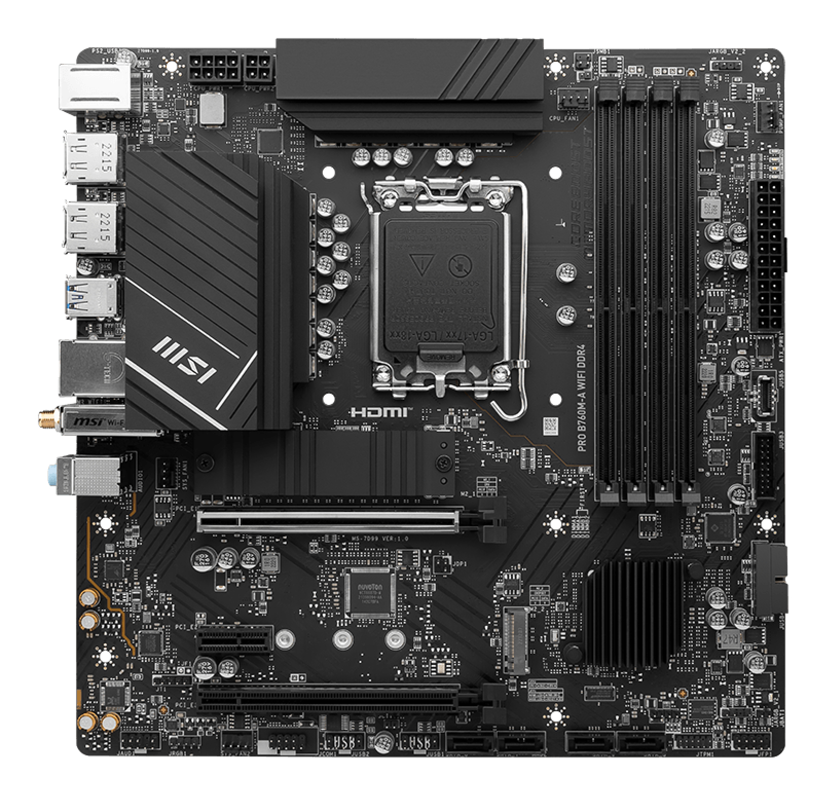 Placa base de computadora negra con varios componentes, incluyendo zócalo de CPU, ranuras RAM y puertos.