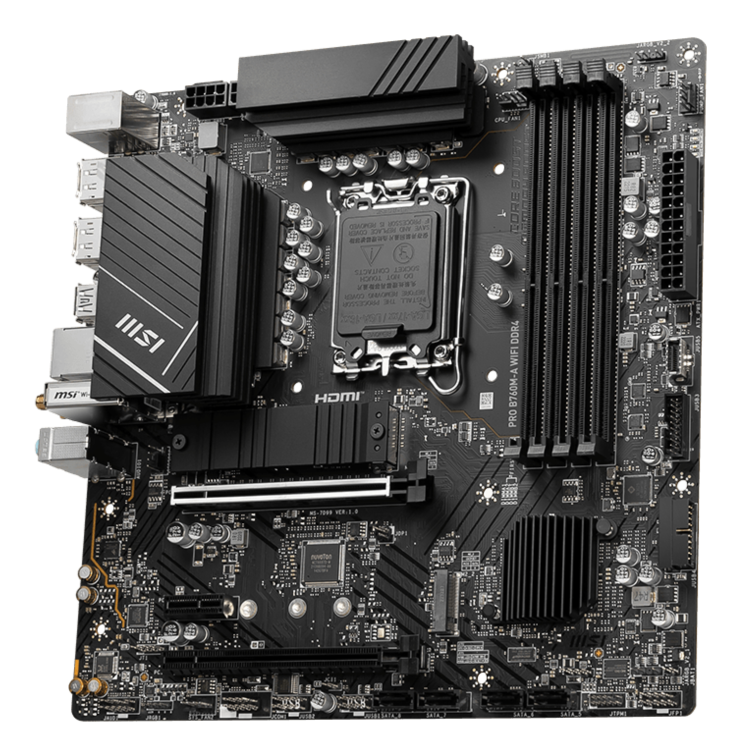 Una placa base negra MSI PRO B760M-A WIFI DDR4. Cuenta con varios puertos, ranuras y disipadores de calor. El logotipo de MSI es visible.