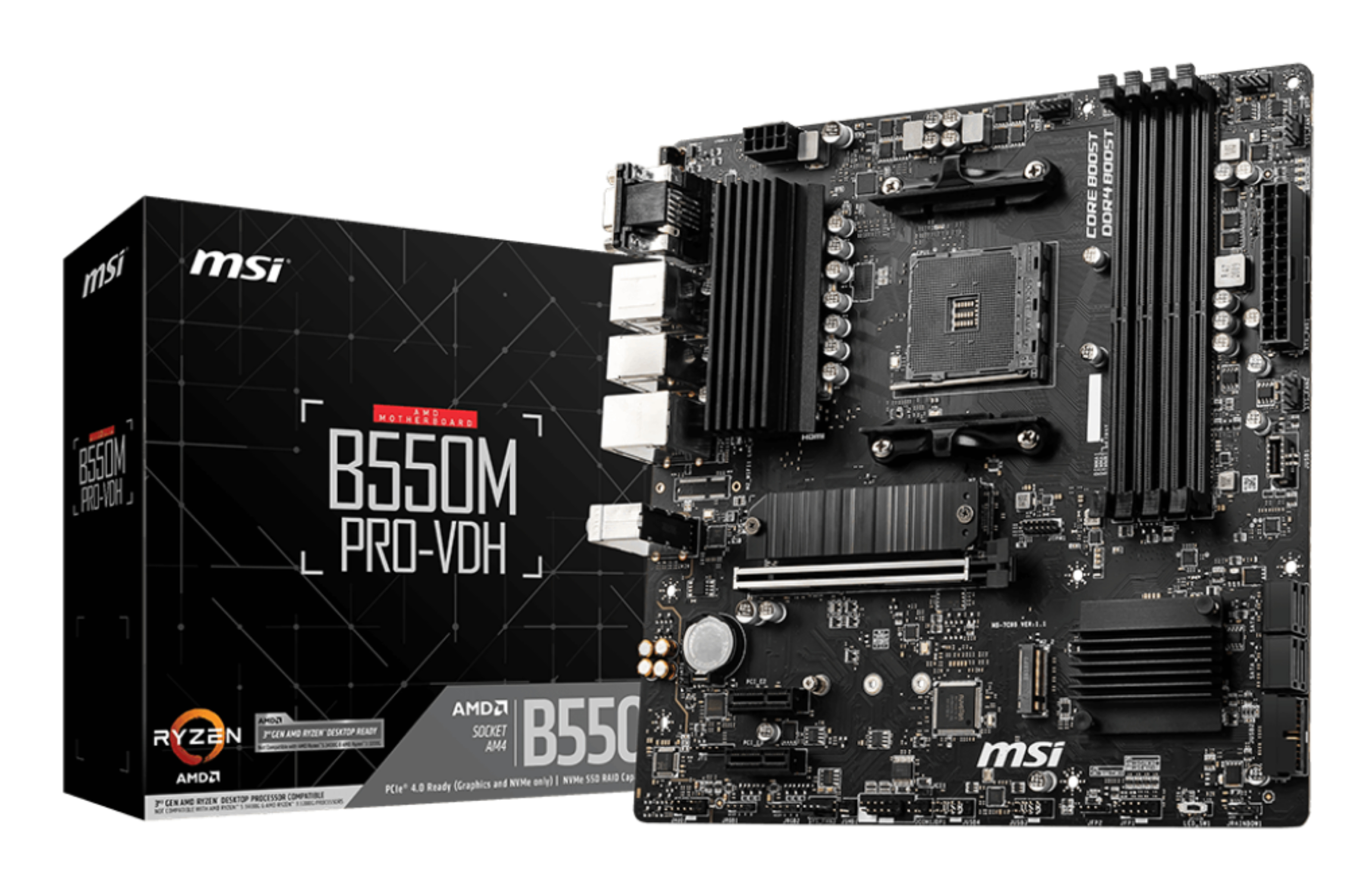 A computer motherboard and its box. The board is black, with various components. The box is black with white text.