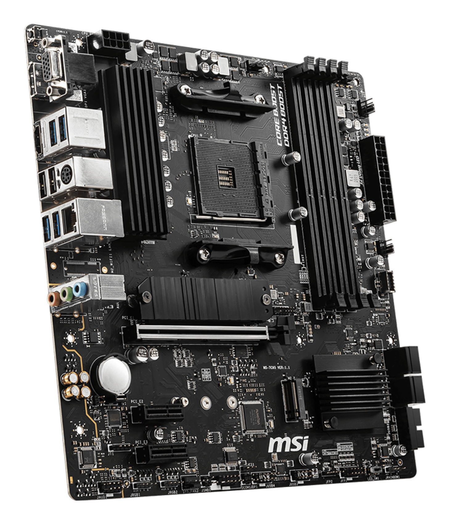 Black MSI motherboard with various components like heatsinks, slots, and ports. It is designed for computer assembly.