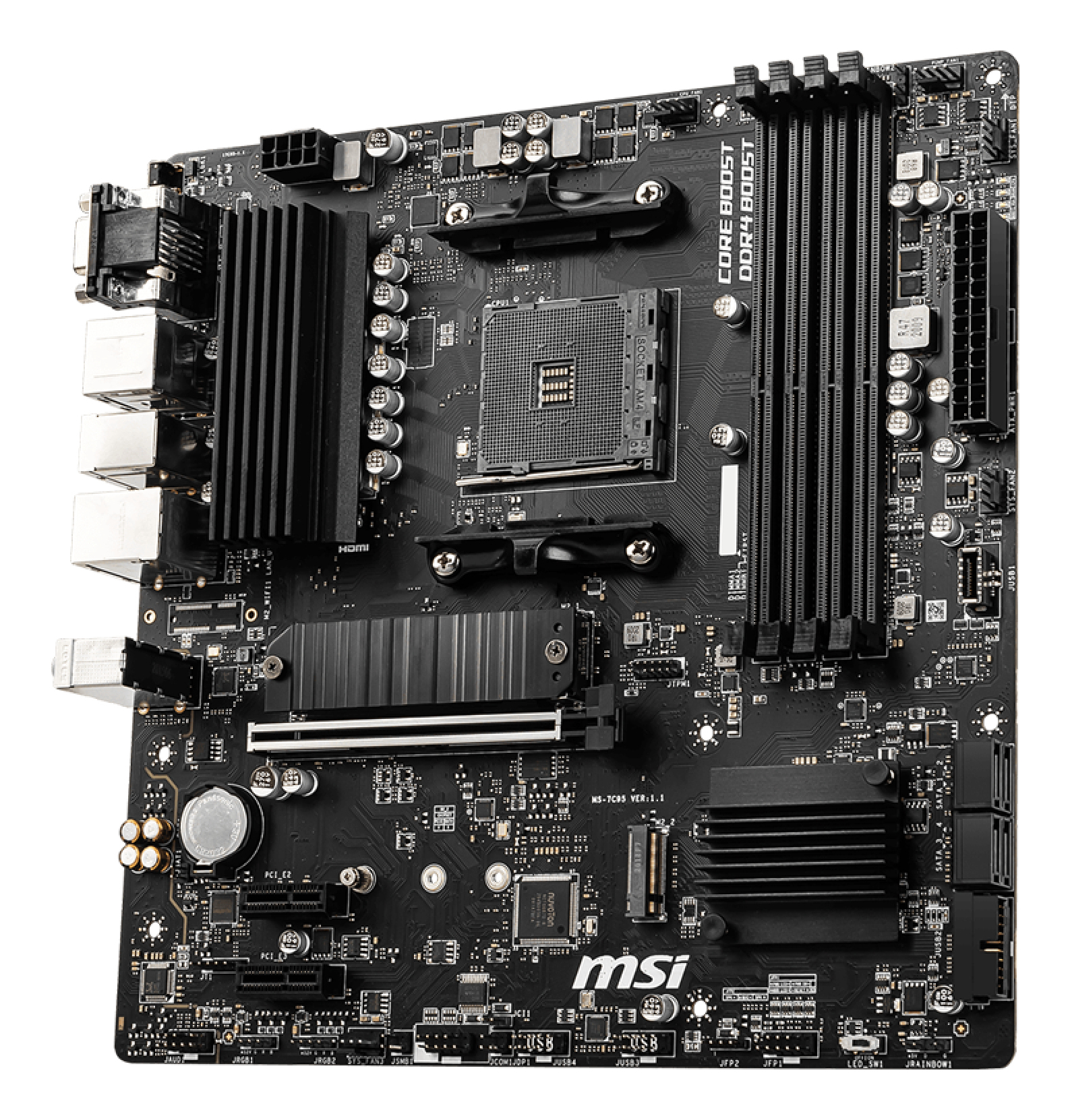 Black MSI motherboard with multiple slots and connectors, including CPU socket, RAM slots, and various ports. It has a heatsink.