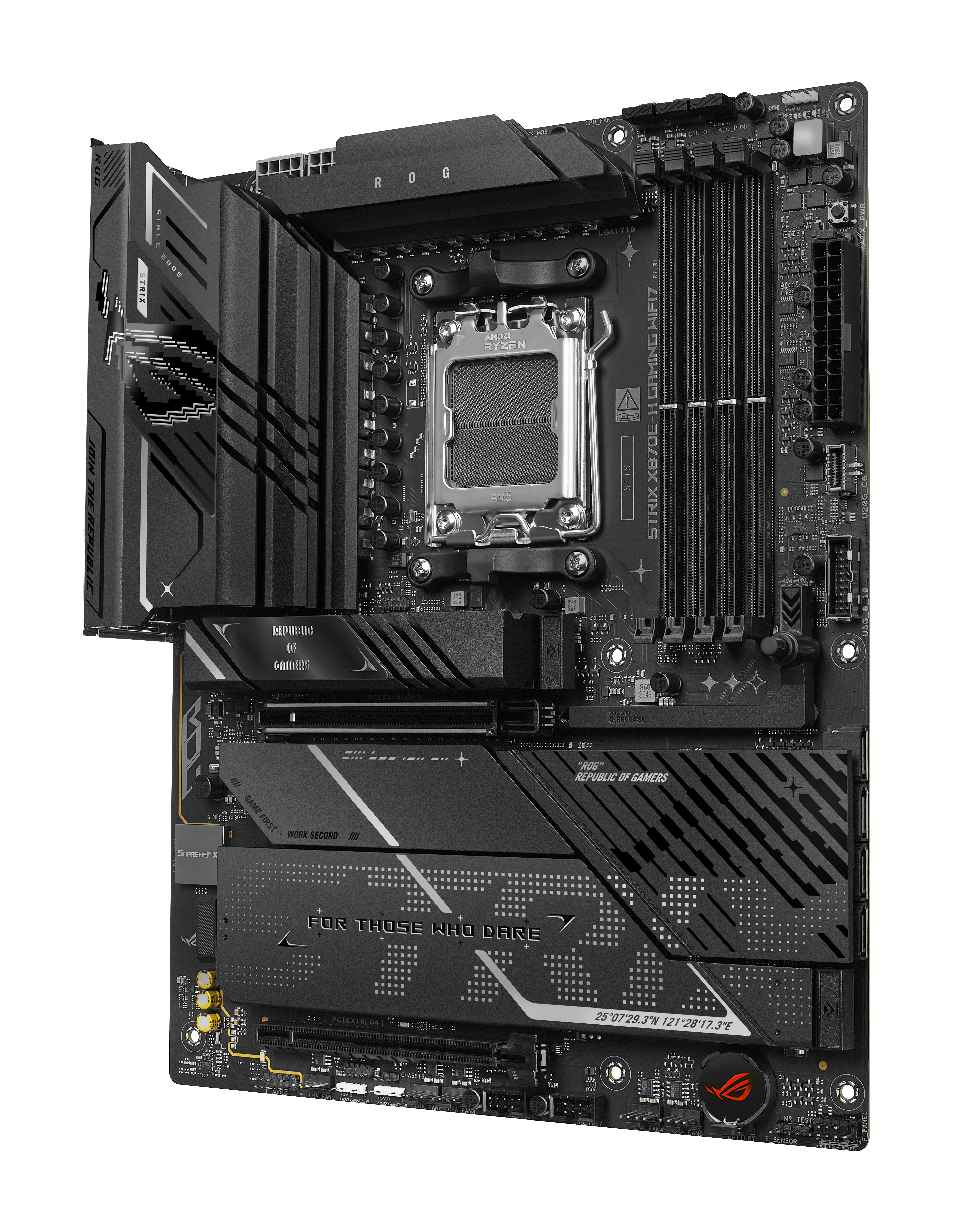 Een zwart ROG Strix X870E-H Gaming WiFi7 moederbord met diverse componenten en het Republic of Gamers logo.