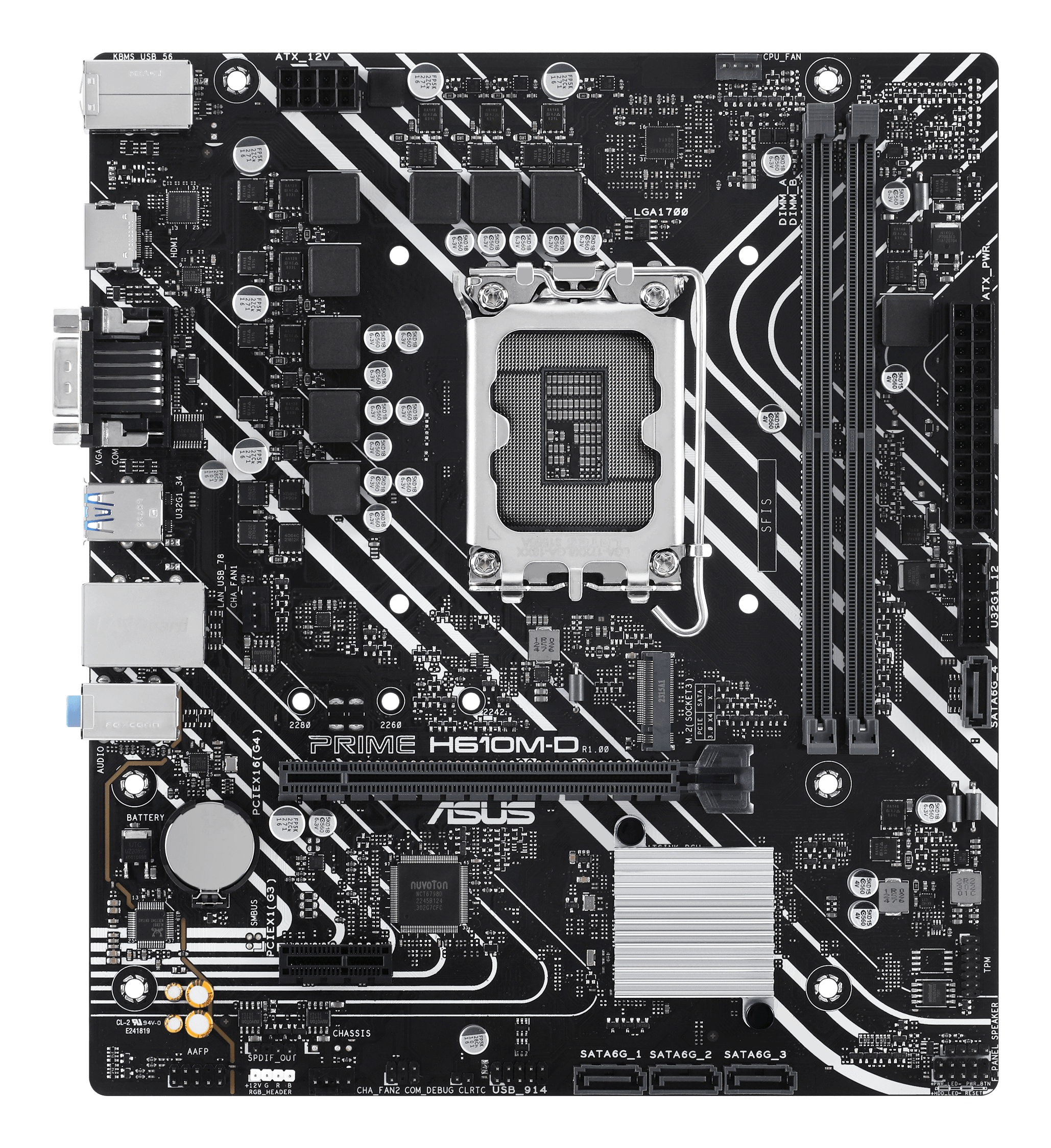 Een zwart en zilveren computer moederbord met diverse componenten en connectoren zichtbaar.