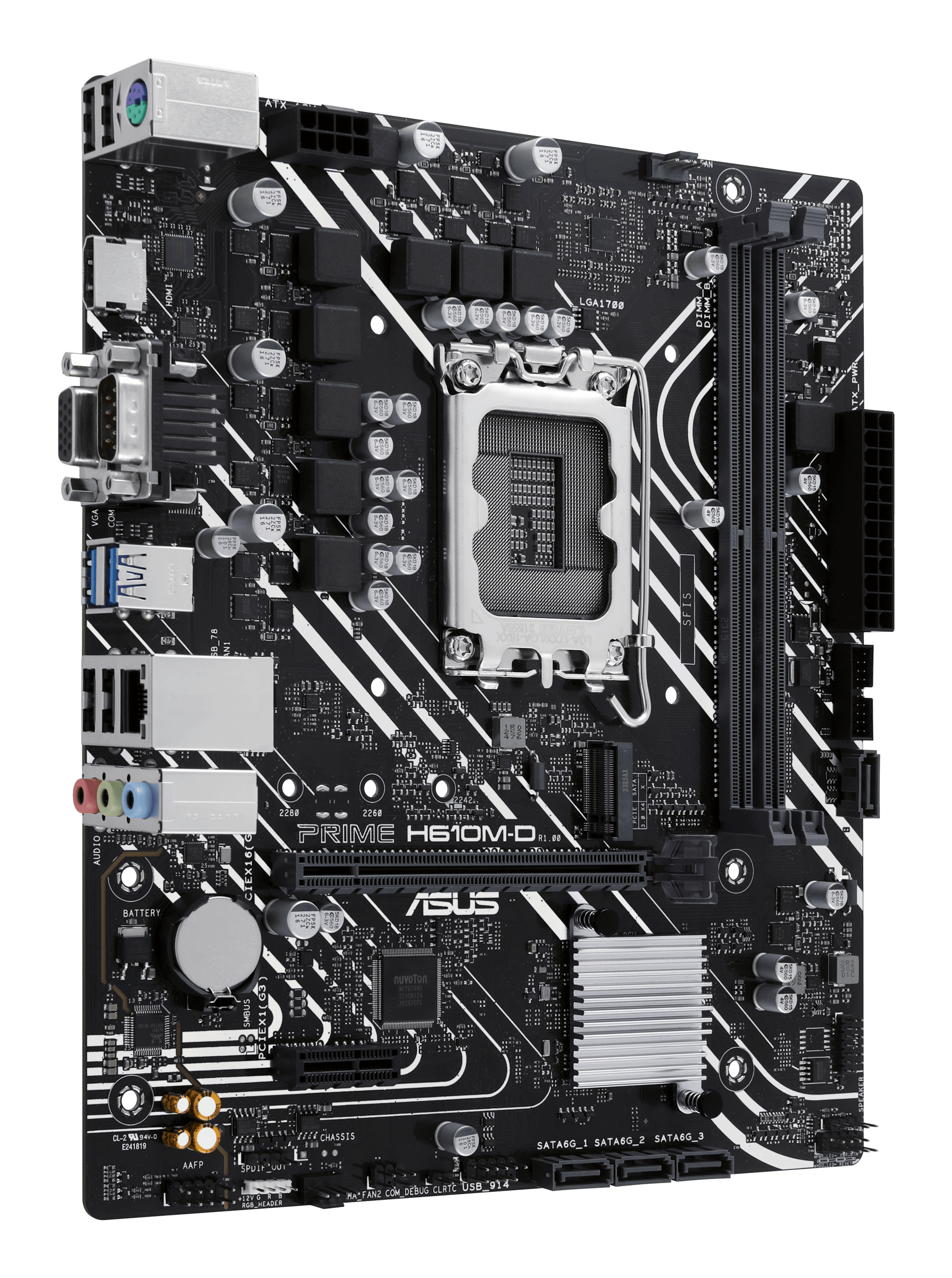 Een zwart moederbord met witte accenten. Het heeft diverse poorten, slots en een LGA 1700 socket.