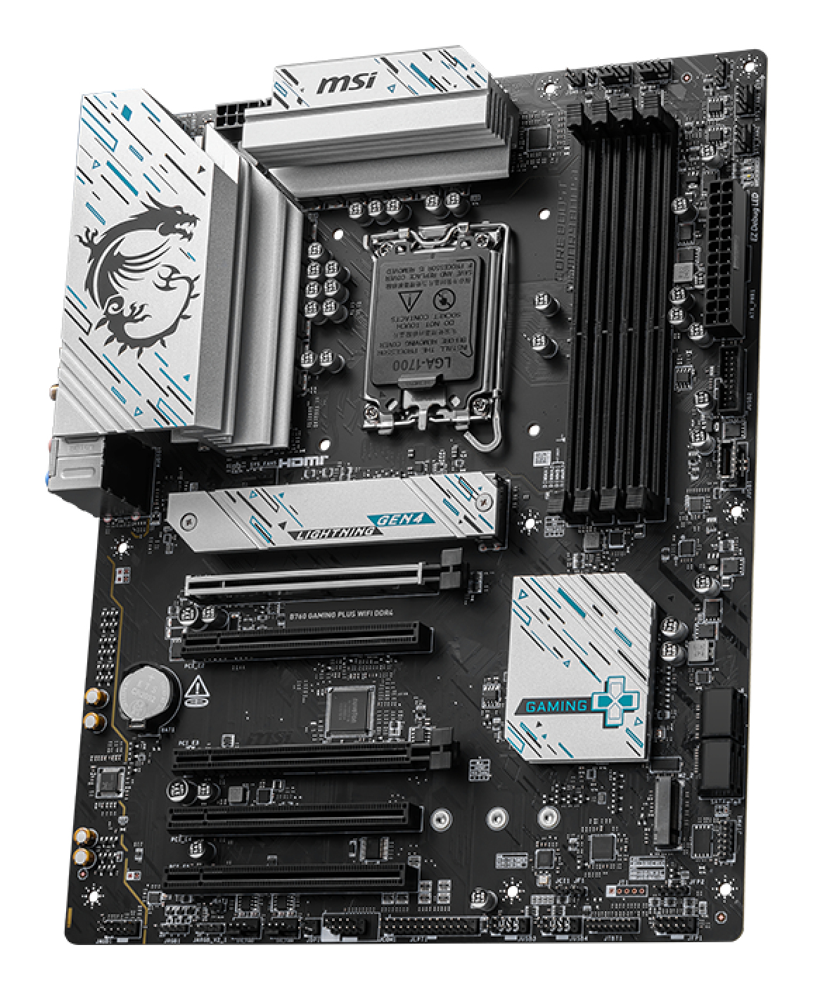 Czarna i srebrna płyta główna MSI. Posiada logo smoka, gniazdo LGA-1700 oraz różne gniazda i złącza dla komponentów PC.