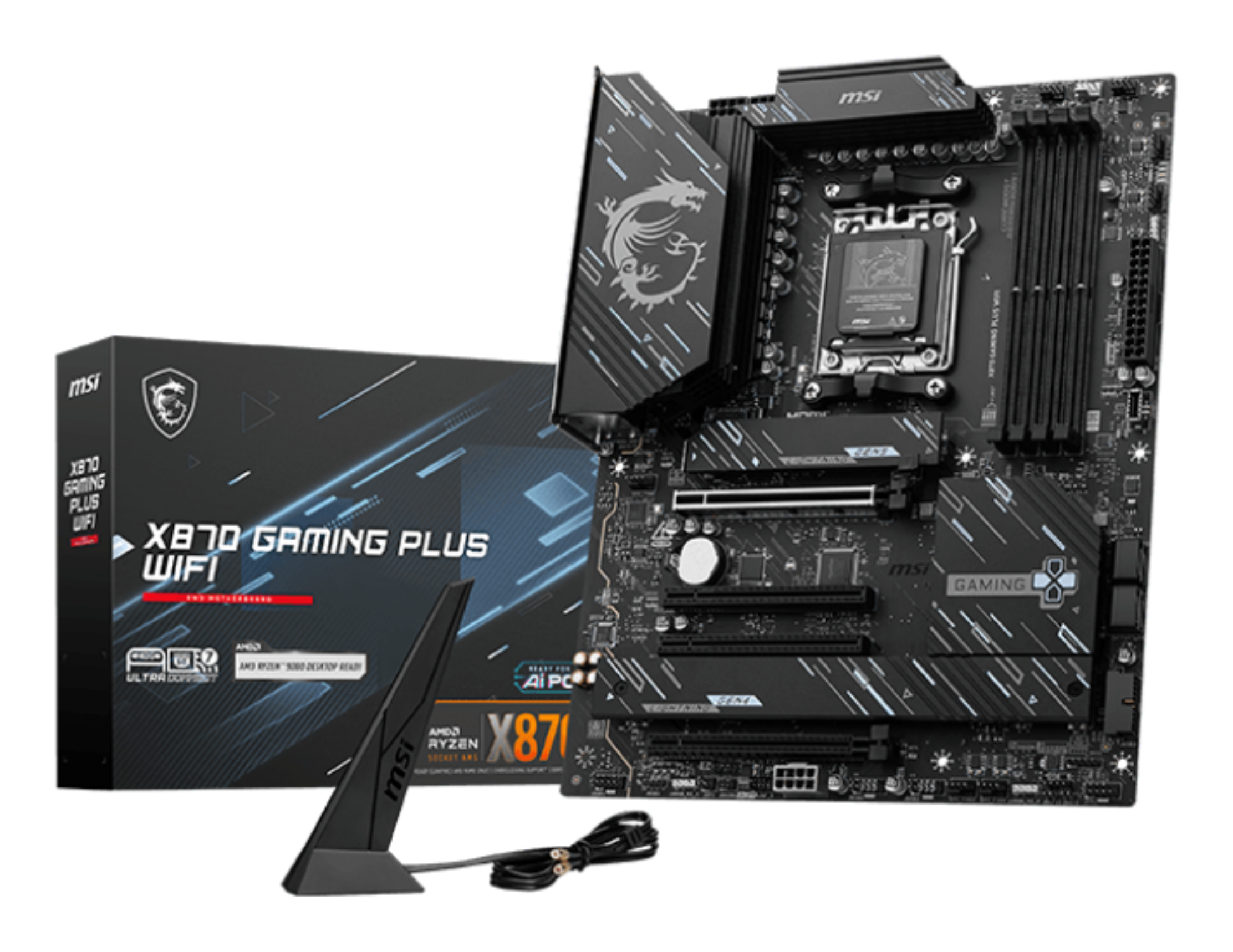 Ein schwarzes MSI X670 Gaming Plus WiFi-Motherboard, eine Box und eine Antenne. Die Box ist schwarz mit blauen Akzenten. Das Motherboard hat ein Drachenlogo.