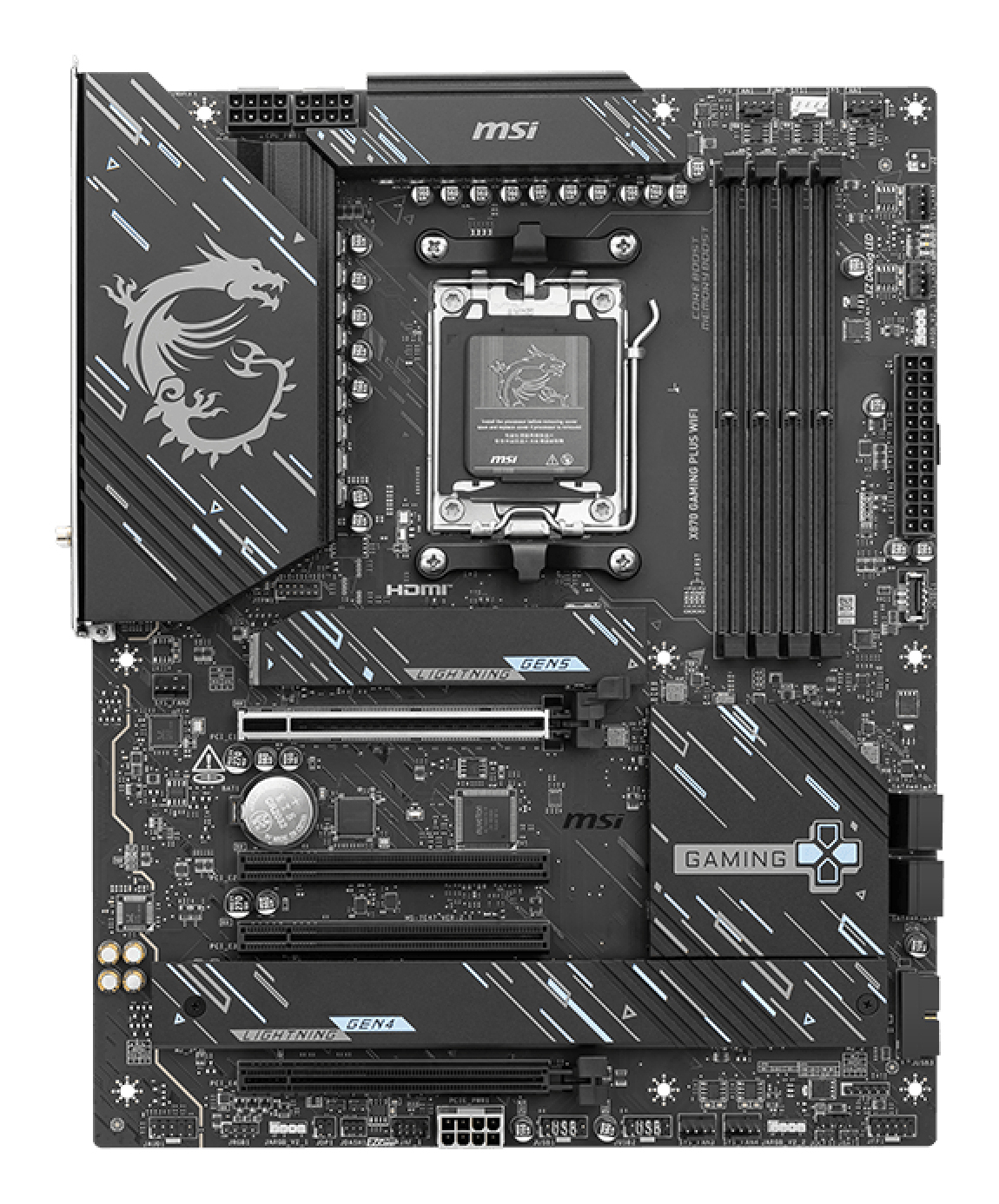 Ein schwarzes MSI X670E Gaming Plus Motherboard. Es hat mehrere Steckplätze, das MSI-Logo und andere Komponenten. Es hat ein Drachenlogo.
