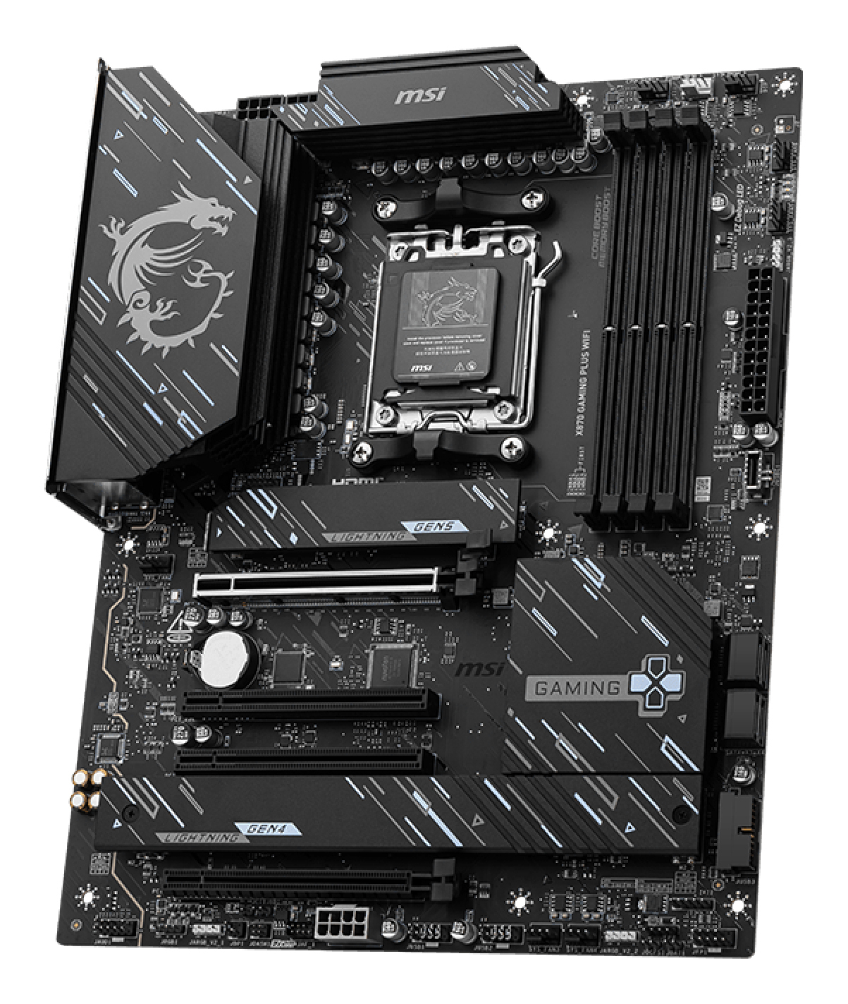 Schwarzes MSI X670 Gaming Plus WIFI-Motherboard. Merkmale sind ein Drachenlogo, zahlreiche Steckplätze und die MSI- und Gaming-Logos.