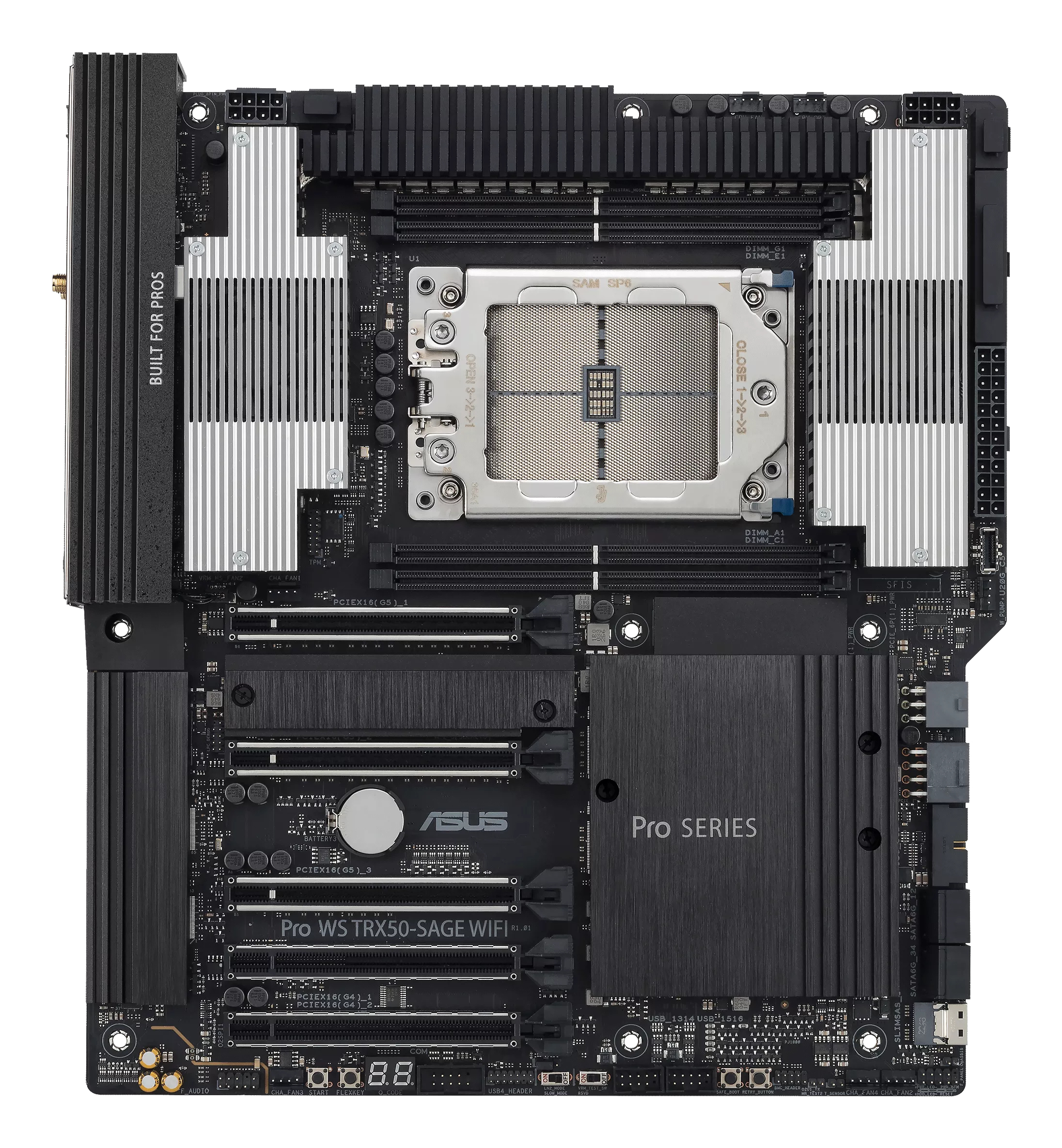 Czarna płyta główna komputera ze srebrnymi radiatorami i różnymi portami i gniazdami.