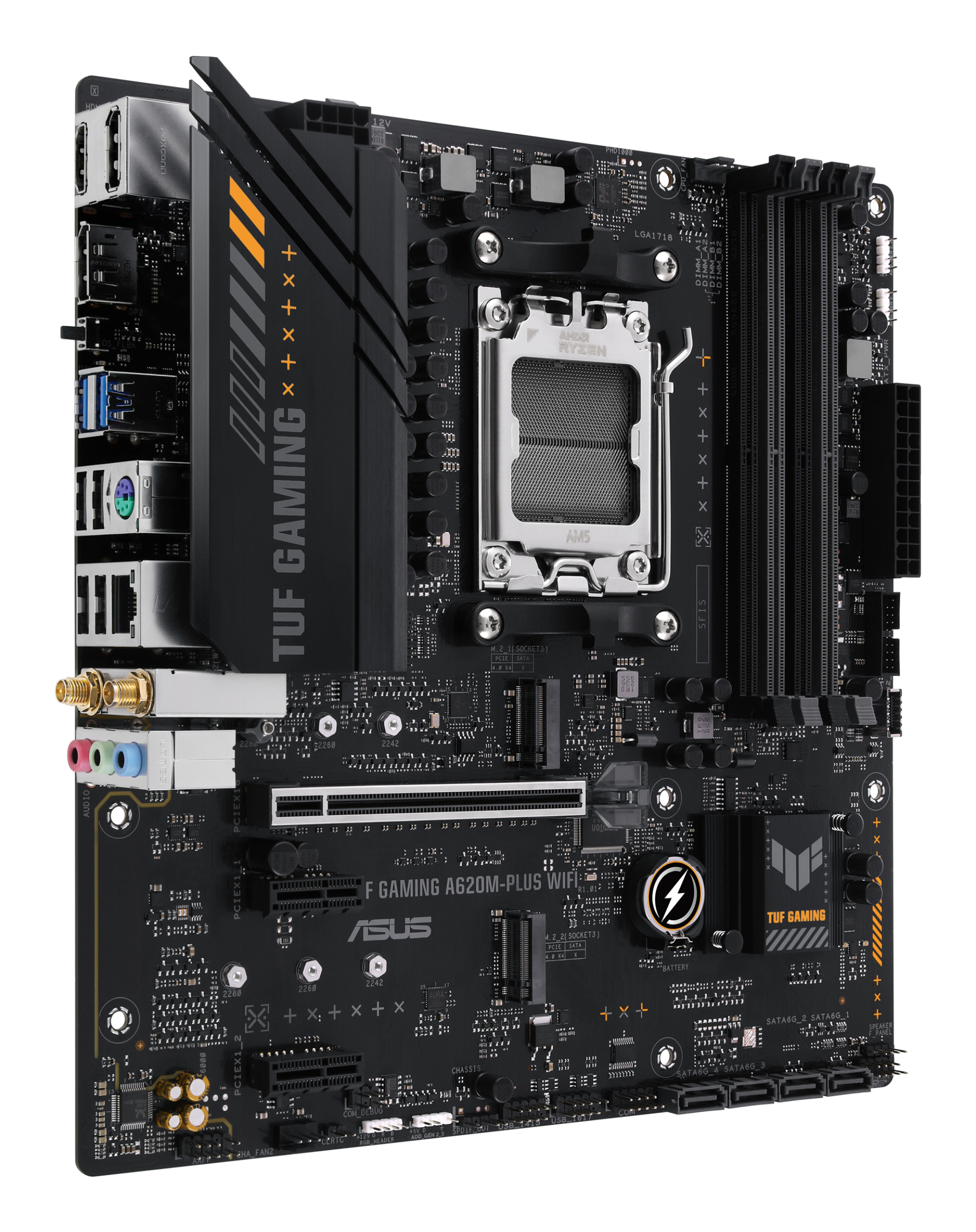 Black computer motherboard with many components, yellow and white accents, and the TUF GAMING logo.