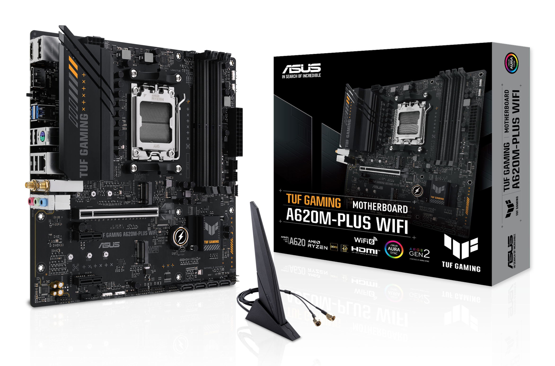 A black motherboard with a box, and an antenna. The box says TUF GAMING A620M-PLUS WIFI.