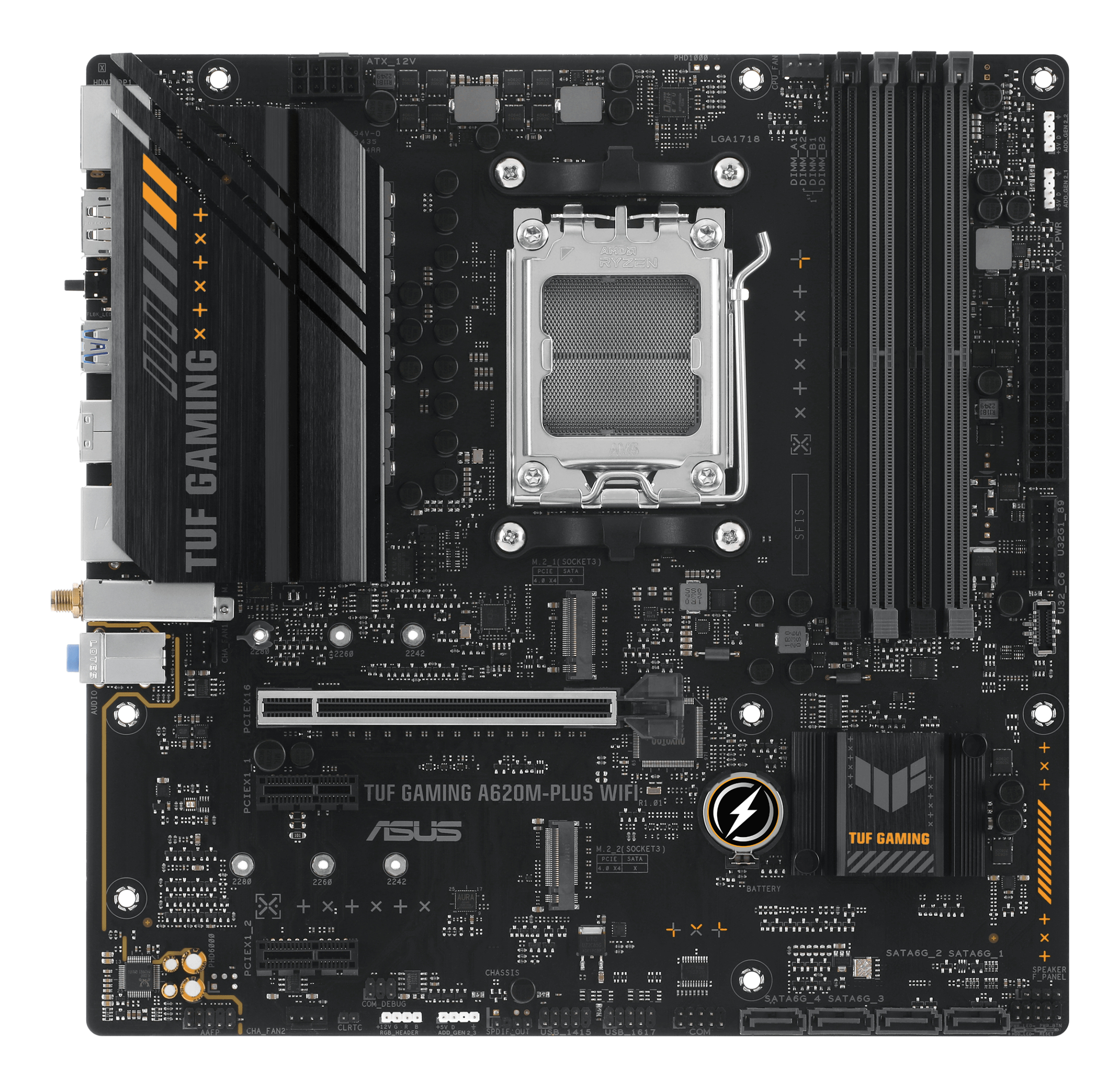 A black motherboard with various ports, slots, and a CPU socket. Yellow accents and text for TUF Gaming and ASUS.