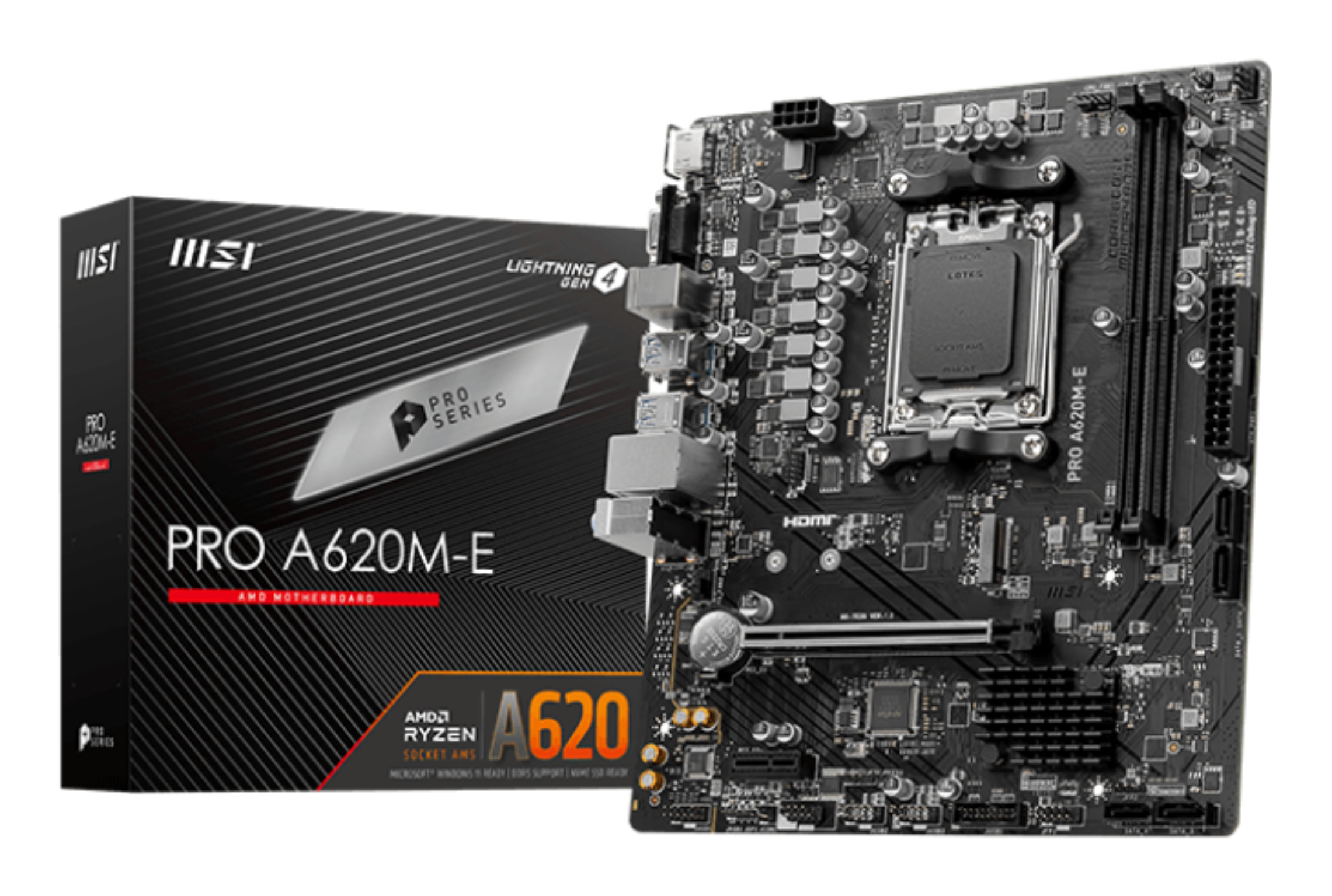 An MSI PRO A620M-E motherboard and box are shown. The box is black with white text. The motherboard is black.