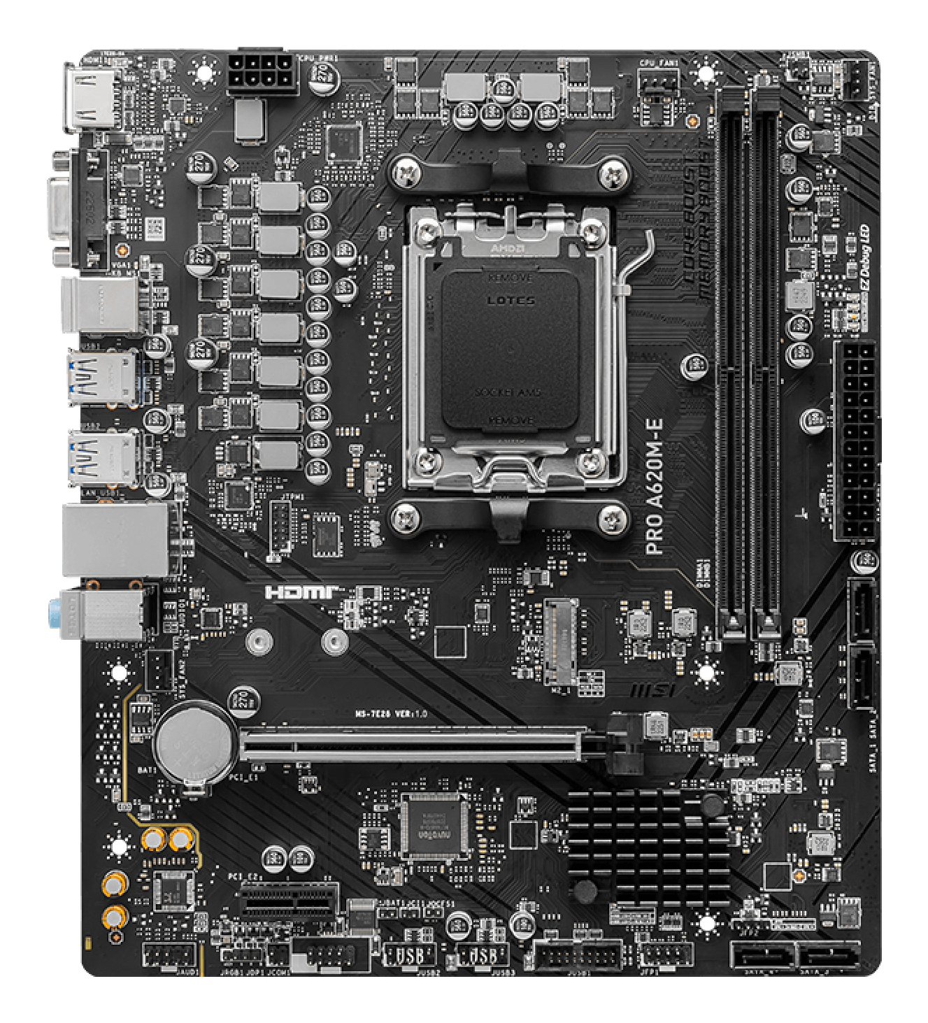Black motherboard with various components. Includes CPU socket, RAM slots, and expansion slots. Has HDMI and USB ports.