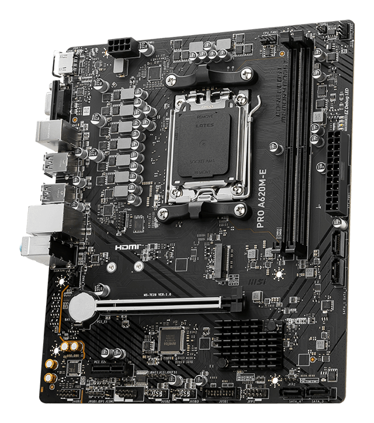 Black MSI PRO A620M-E motherboard. Features include HDMI, SATA ports, and various slots for components. The board has multiple chips and connectors.