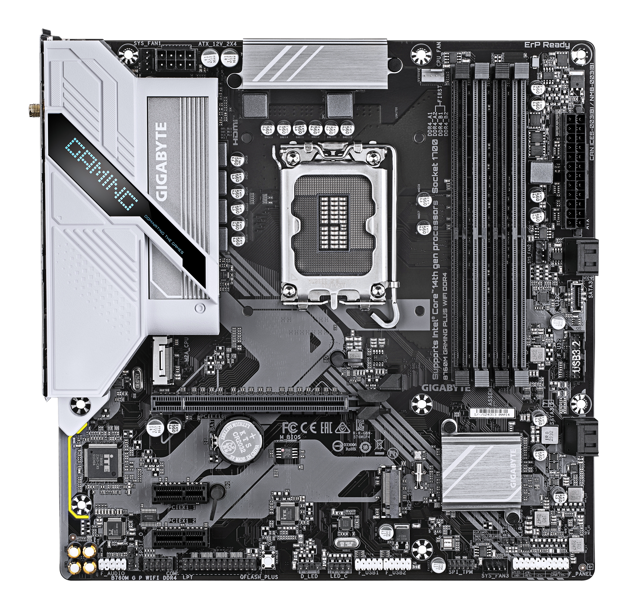 A black motherboard with silver accents, various ports, and components. The Gigabyte Gaming logo is prominent.